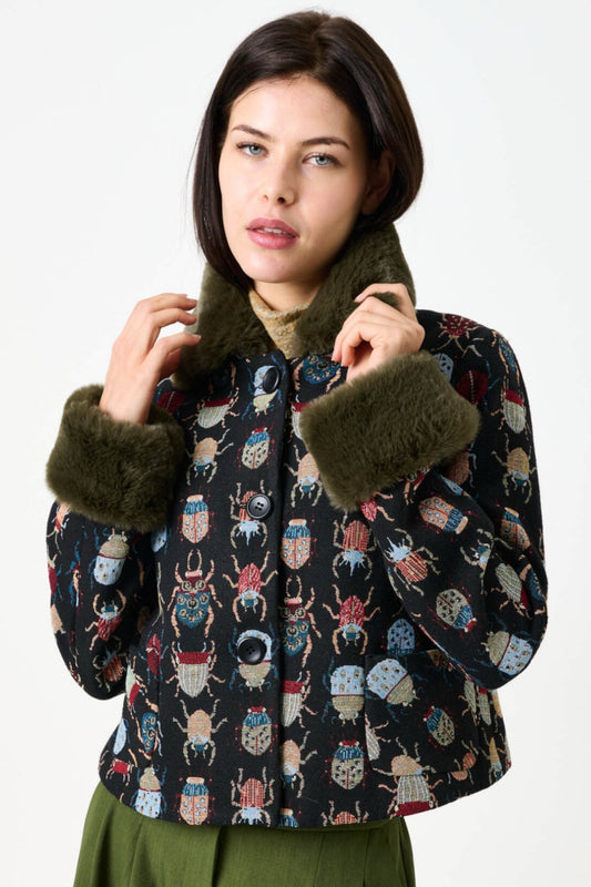 Kent Beetlejuice Jacquard Fur Trim Cropped Jacket