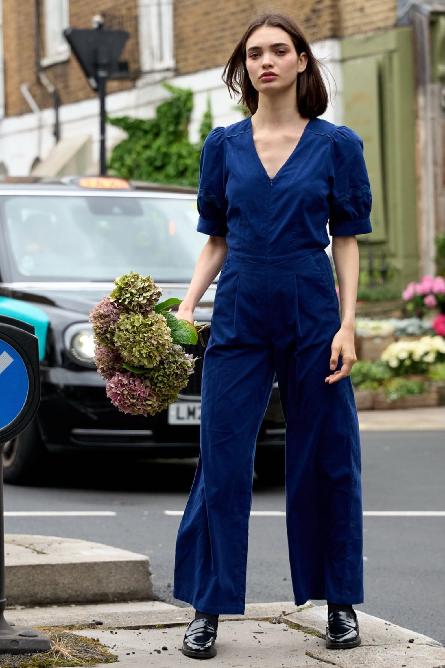 Finlay Babycord V-Neck Ric Rac Trim Jumpsuit - Navy