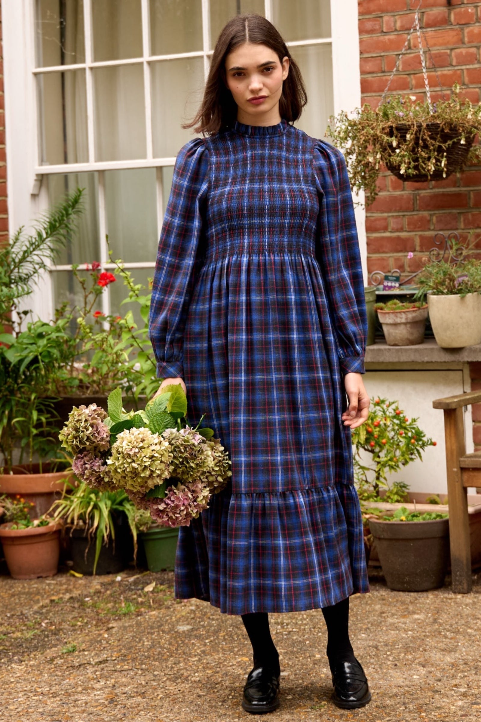 Peppi Winter Check Smocked Bodice Midi Dress - Blue