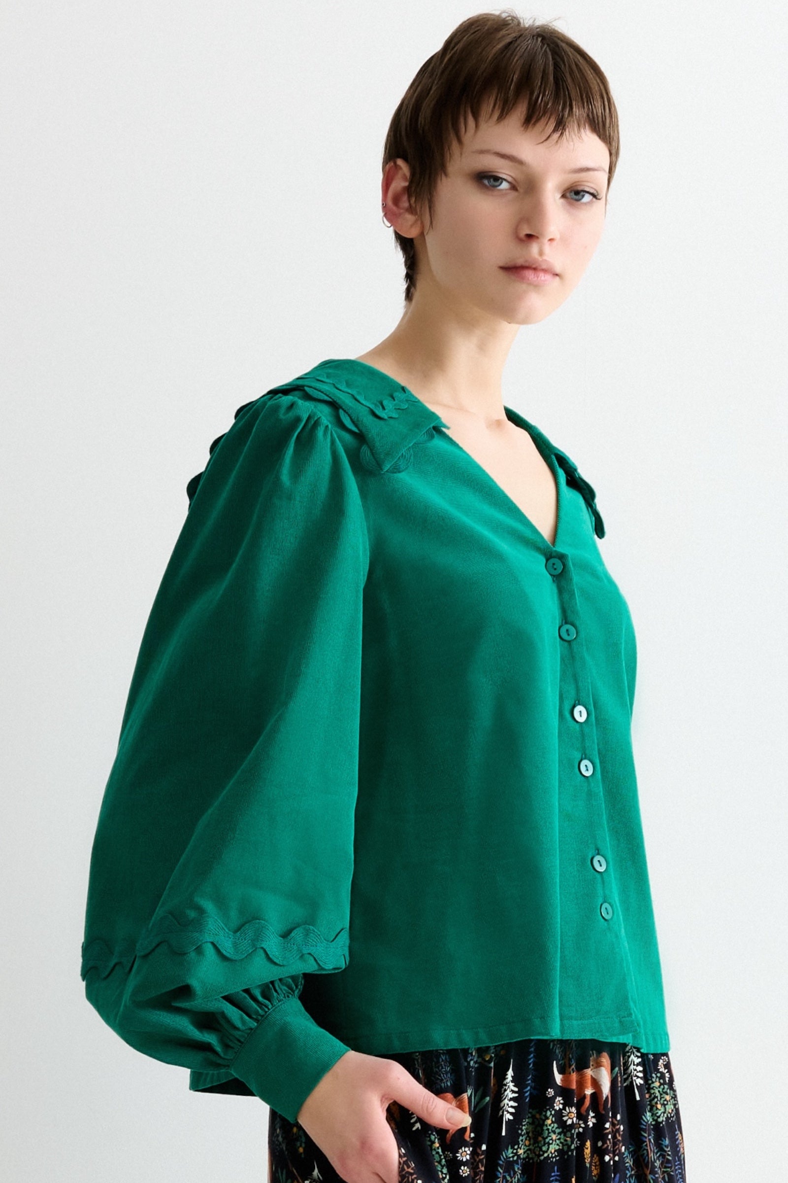 Pallas Babycord Big Collar Ric Rac Trimmed Blouse - Teal