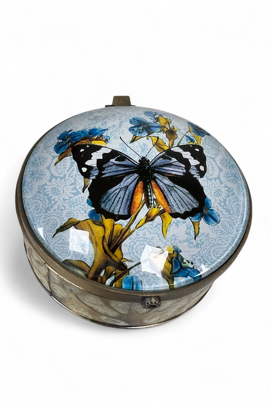 Heavy Round Enamel Butterfly Jewellery Box