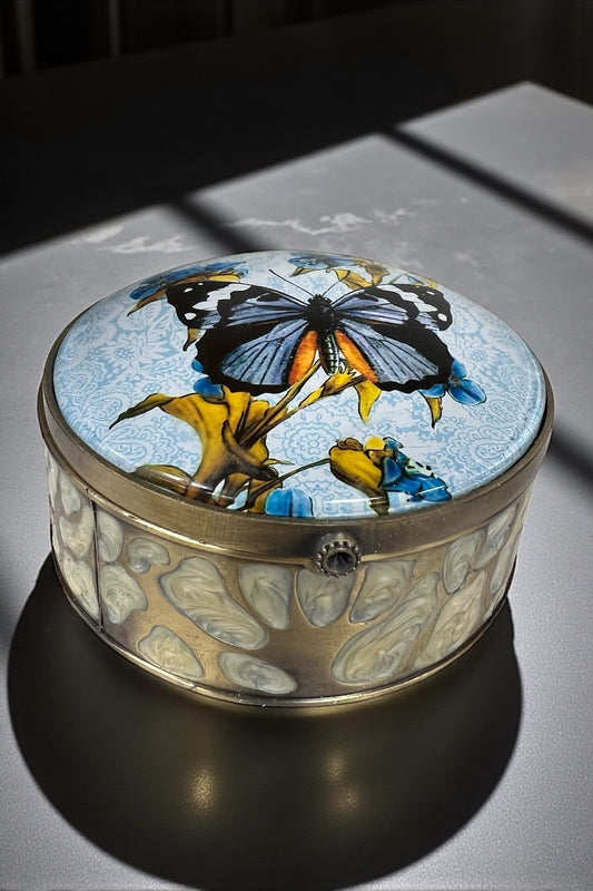 Heavy Round Enamel Butterfly Jewellery Box
