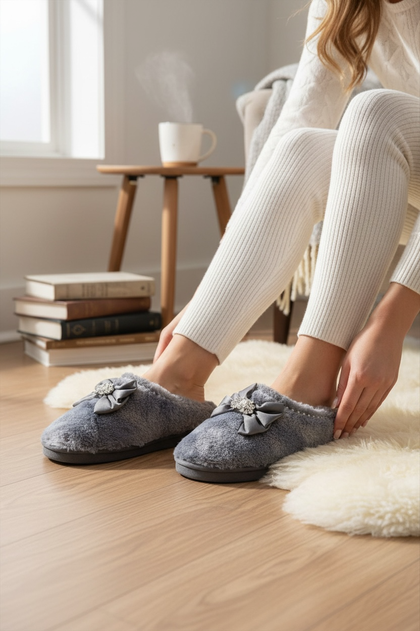 Diamond Bow Faux Fur Slippers