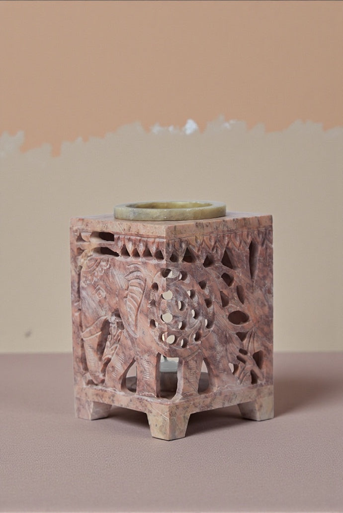 Soapstone  Hand Carved Elephant Oil Burner - Pink