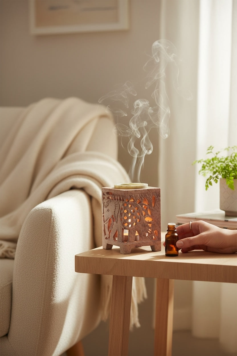 Soapstone  Hand Carved Elephant Oil Burner - Pink