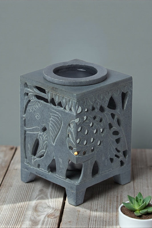 Soapstone Hand Carved Elephant Oil Burner - Grey