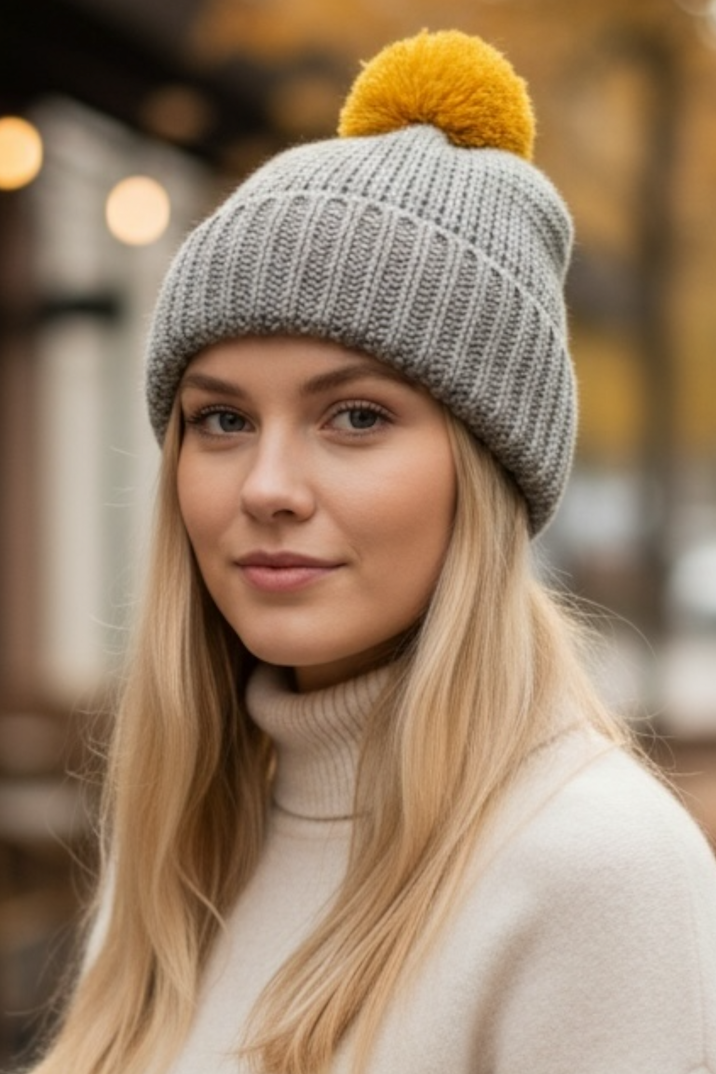 Brooklyn Grey Beanie With Mustard Pop Pom