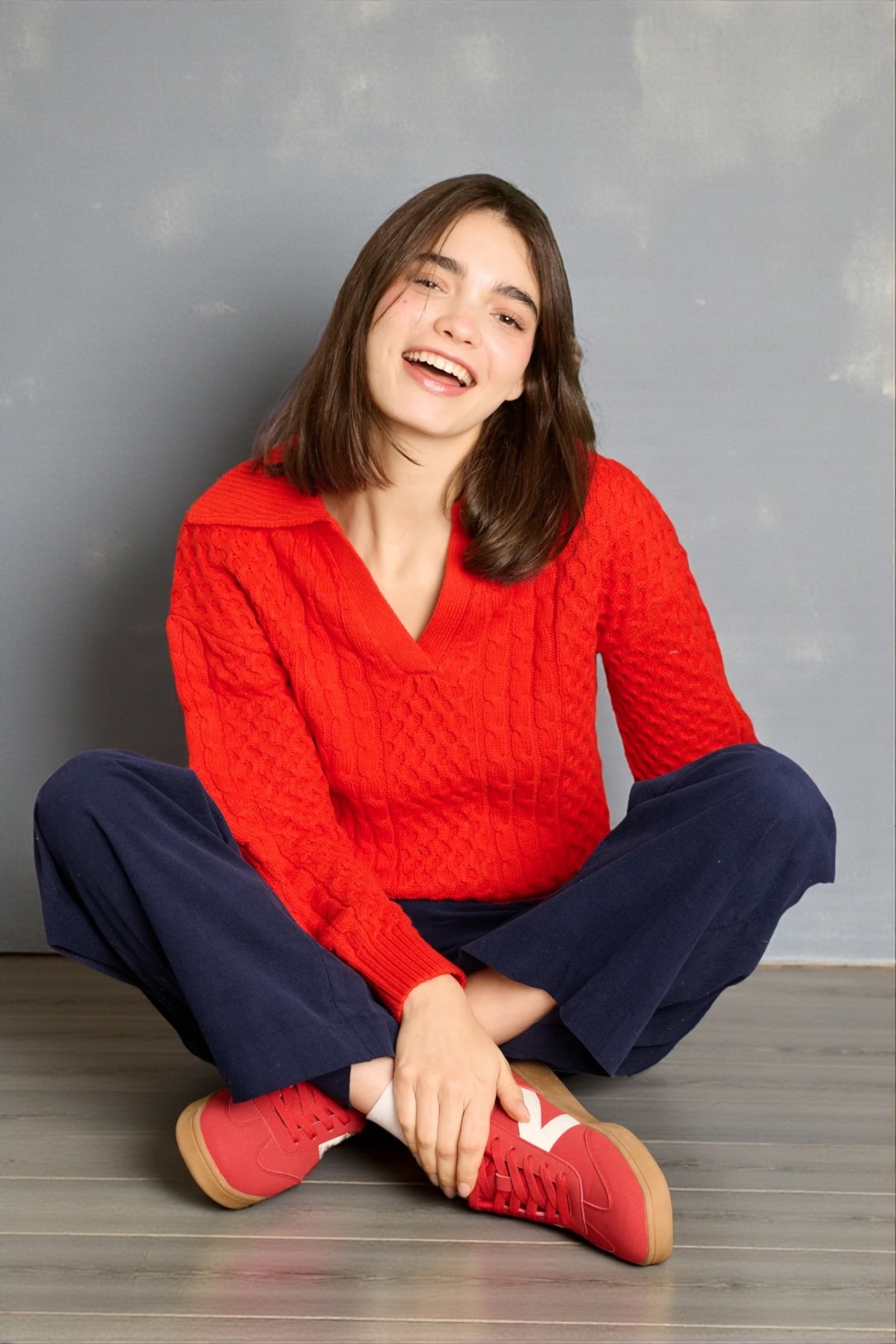 Jamie Cable Collar Jumper - Red - Detail 3