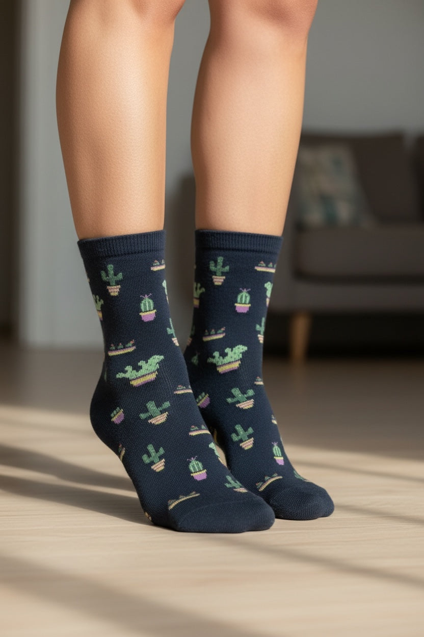 Cactus Patterned Socks- Navy