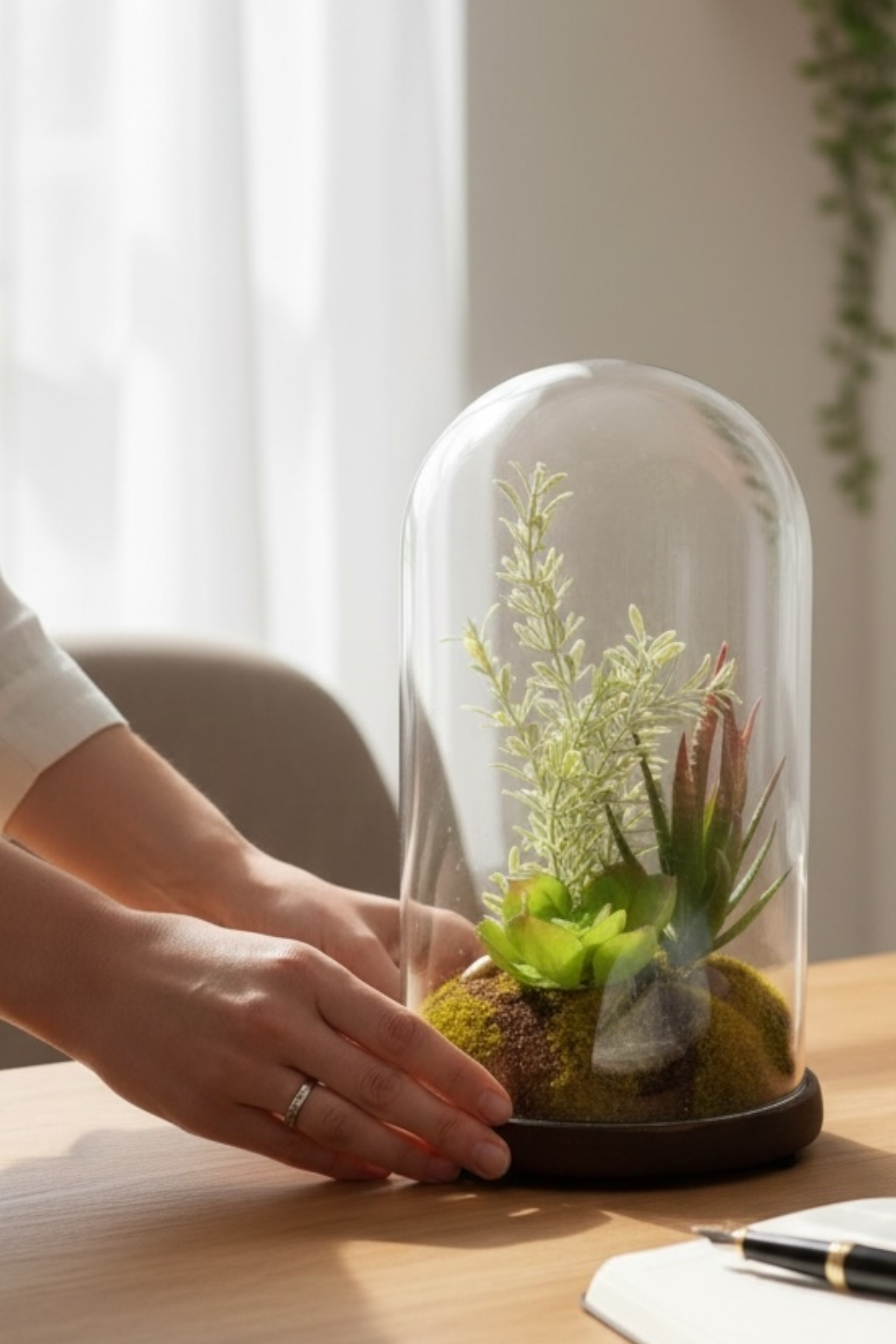 Glass Dome With Faux Succulents