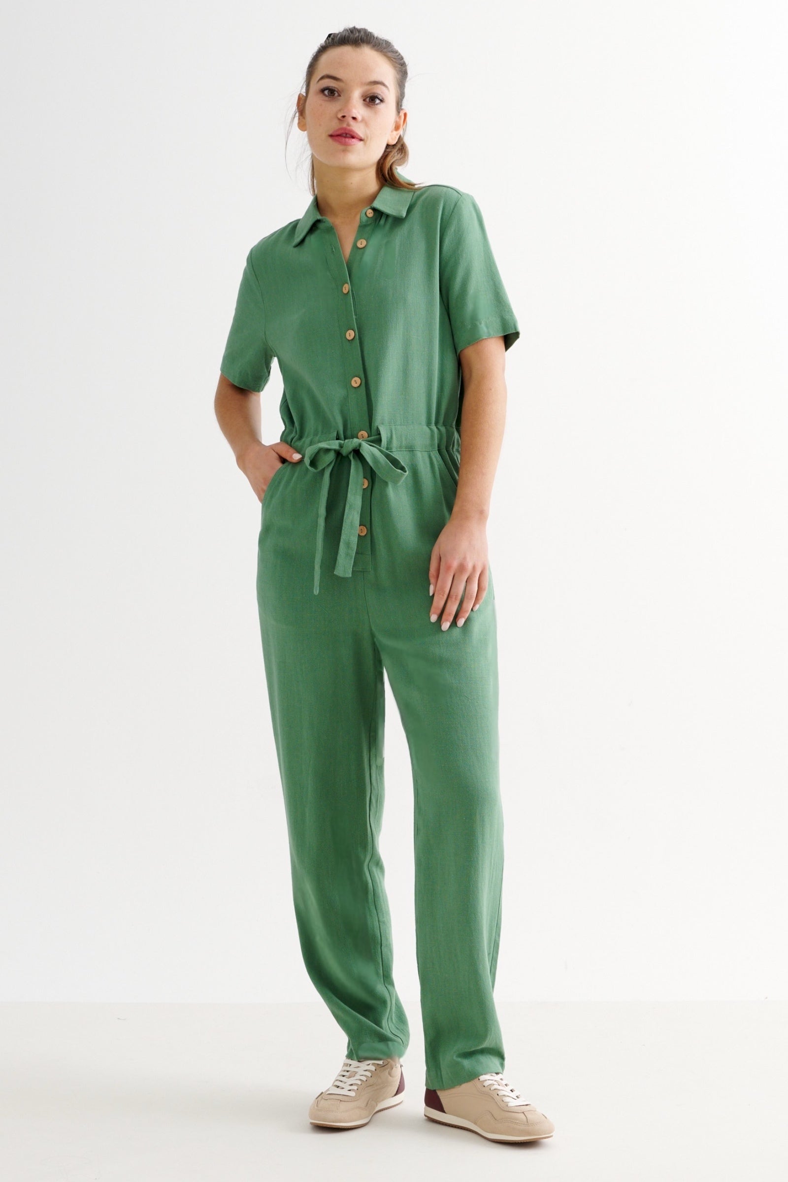 Justin Linen Mix Short Sleeve Jumpsuit - Green