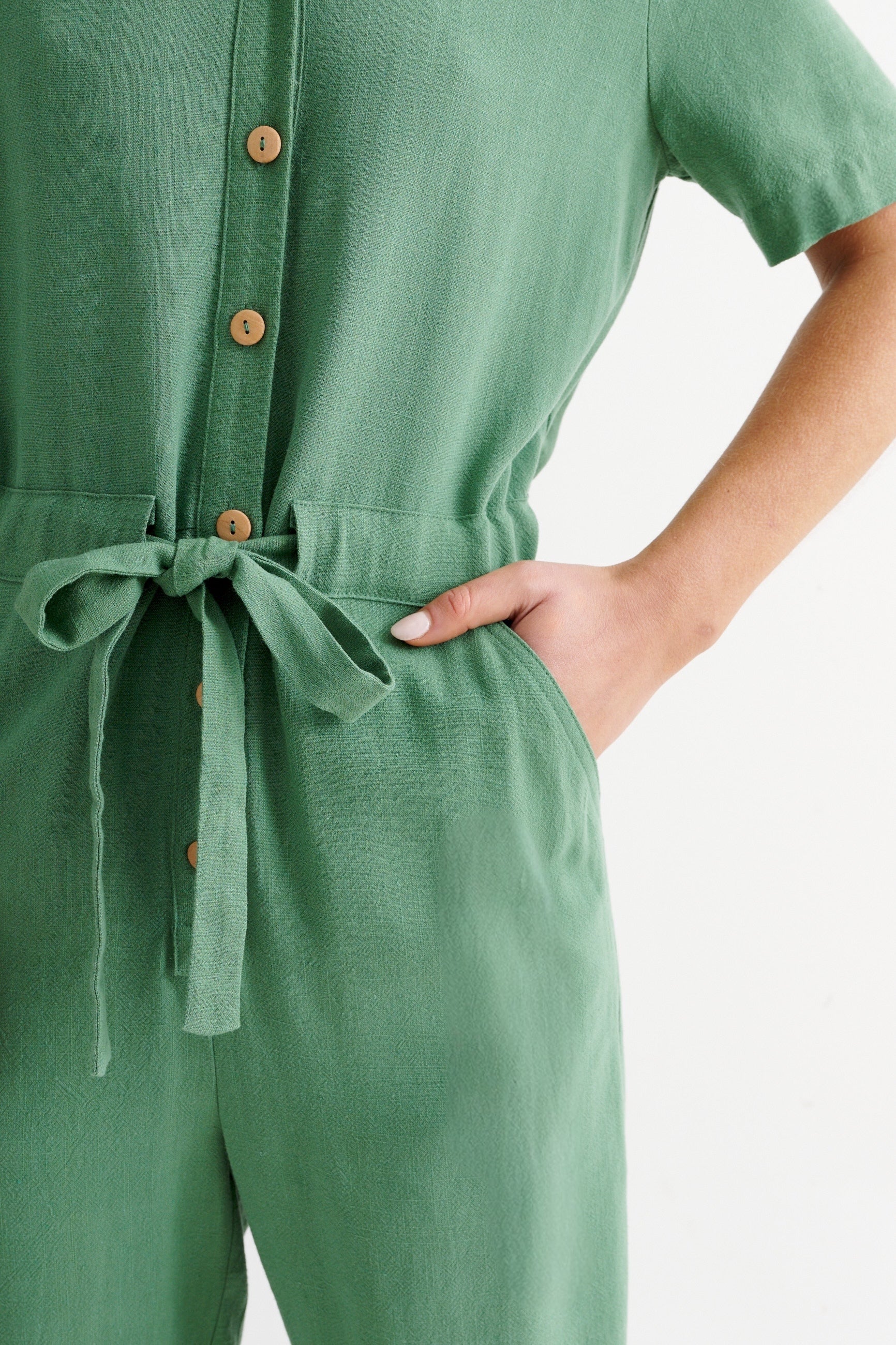 Justin Linen Mix Short Sleeve Jumpsuit - Green