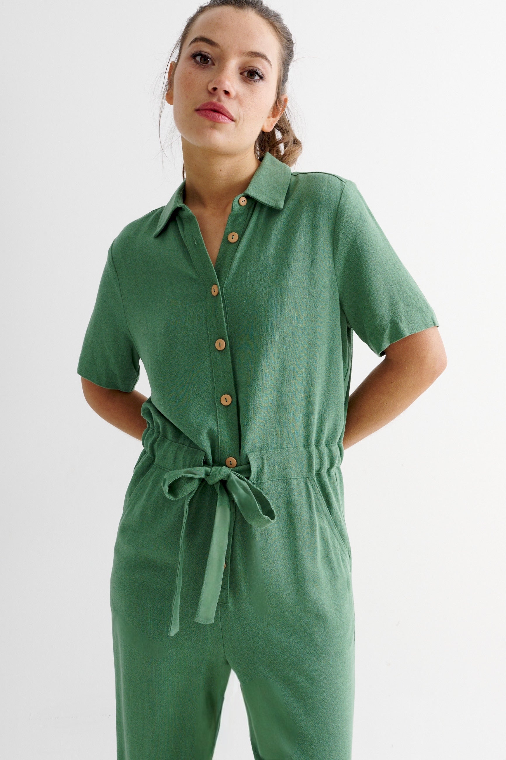 Justin Linen Mix Short Sleeve Jumpsuit - Green