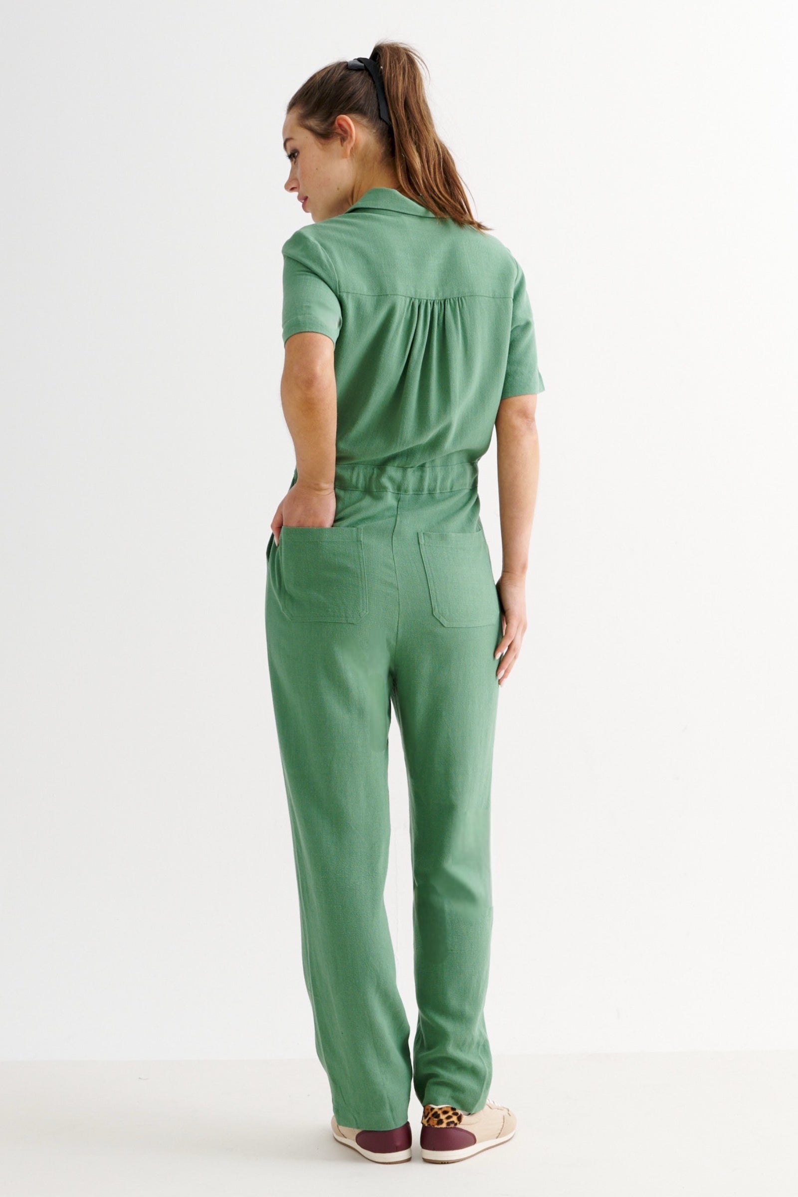 Justin Linen Mix Short Sleeve Jumpsuit - Green
