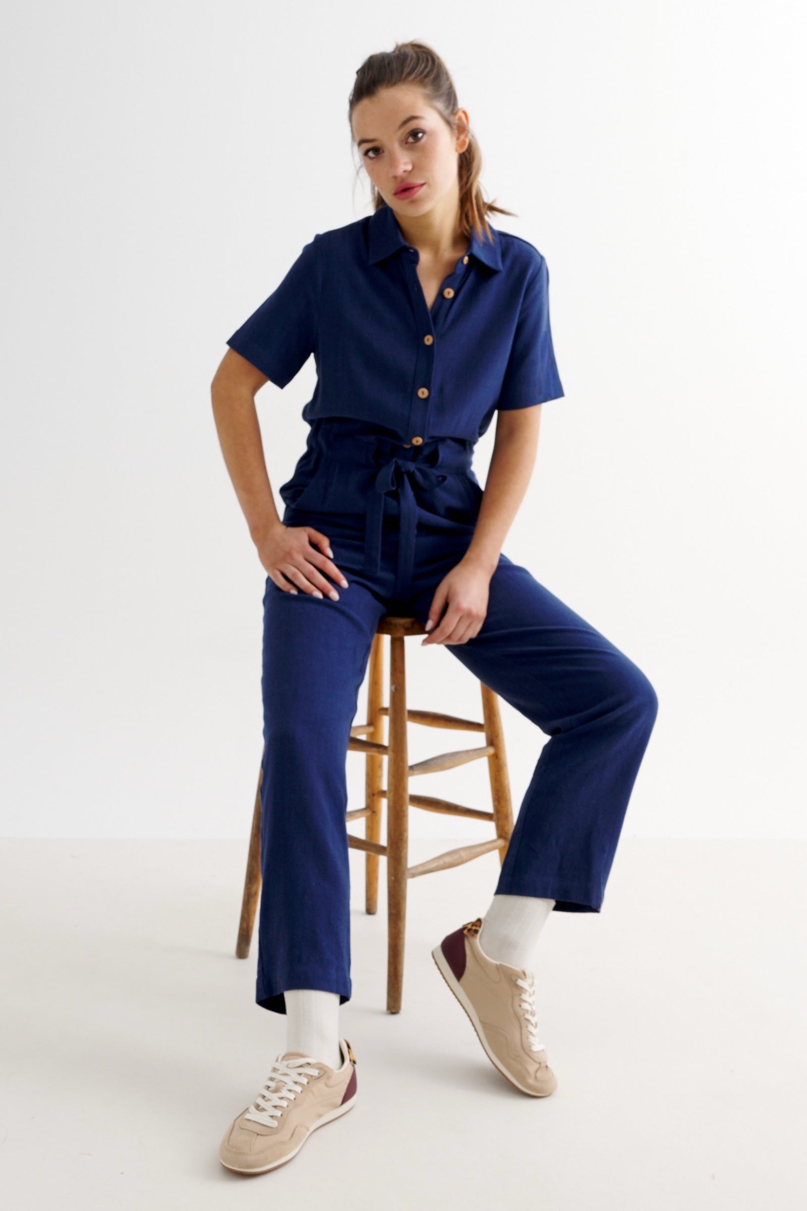 Justin Linen Mix Short Sleeve Jumpsuit - Navy
