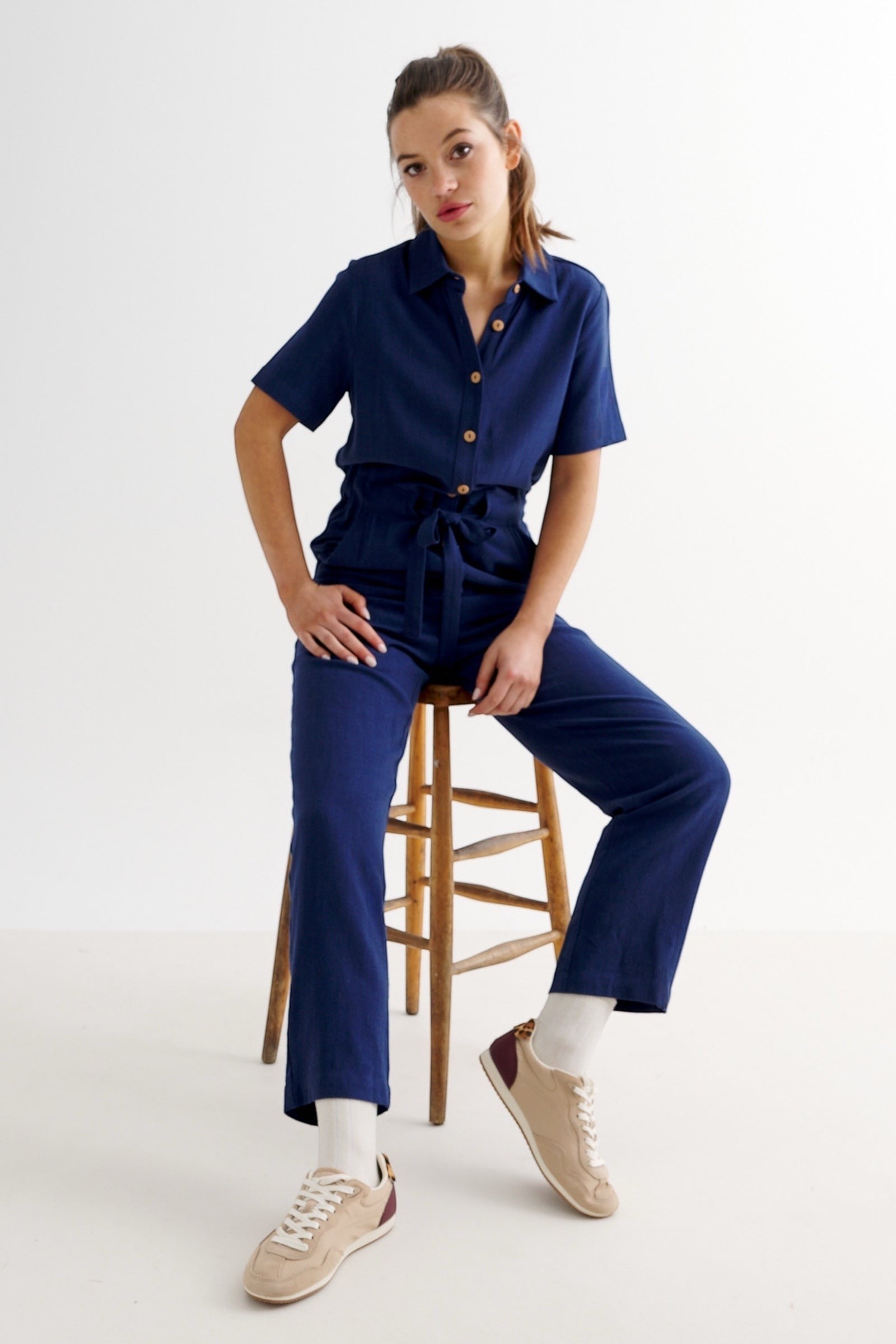 Justin Linen Mix Short Sleeve Jumpsuit - Navy - Front