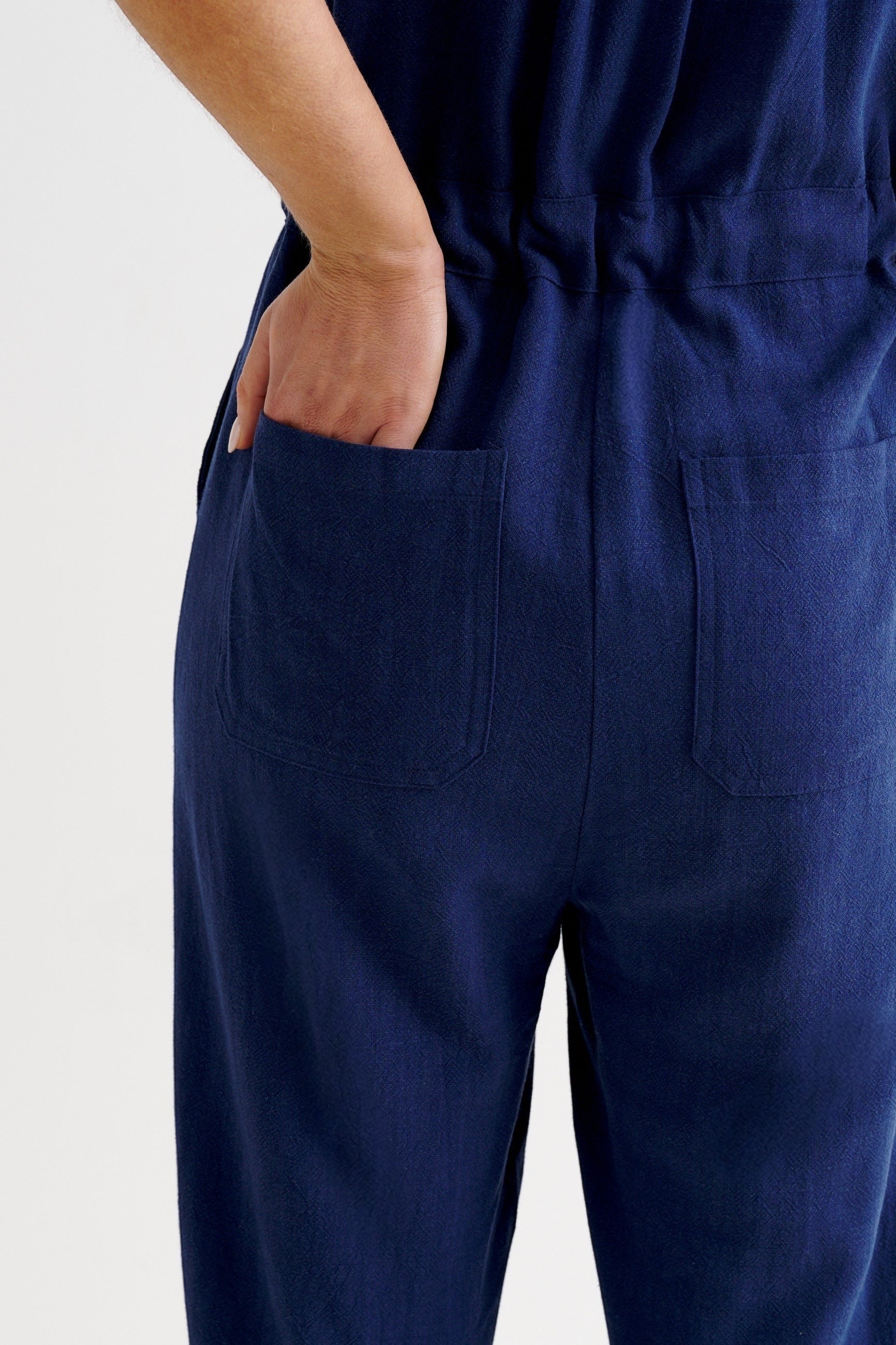 Justin Linen Mix Short Sleeve Jumpsuit - Navy - Detail 3
