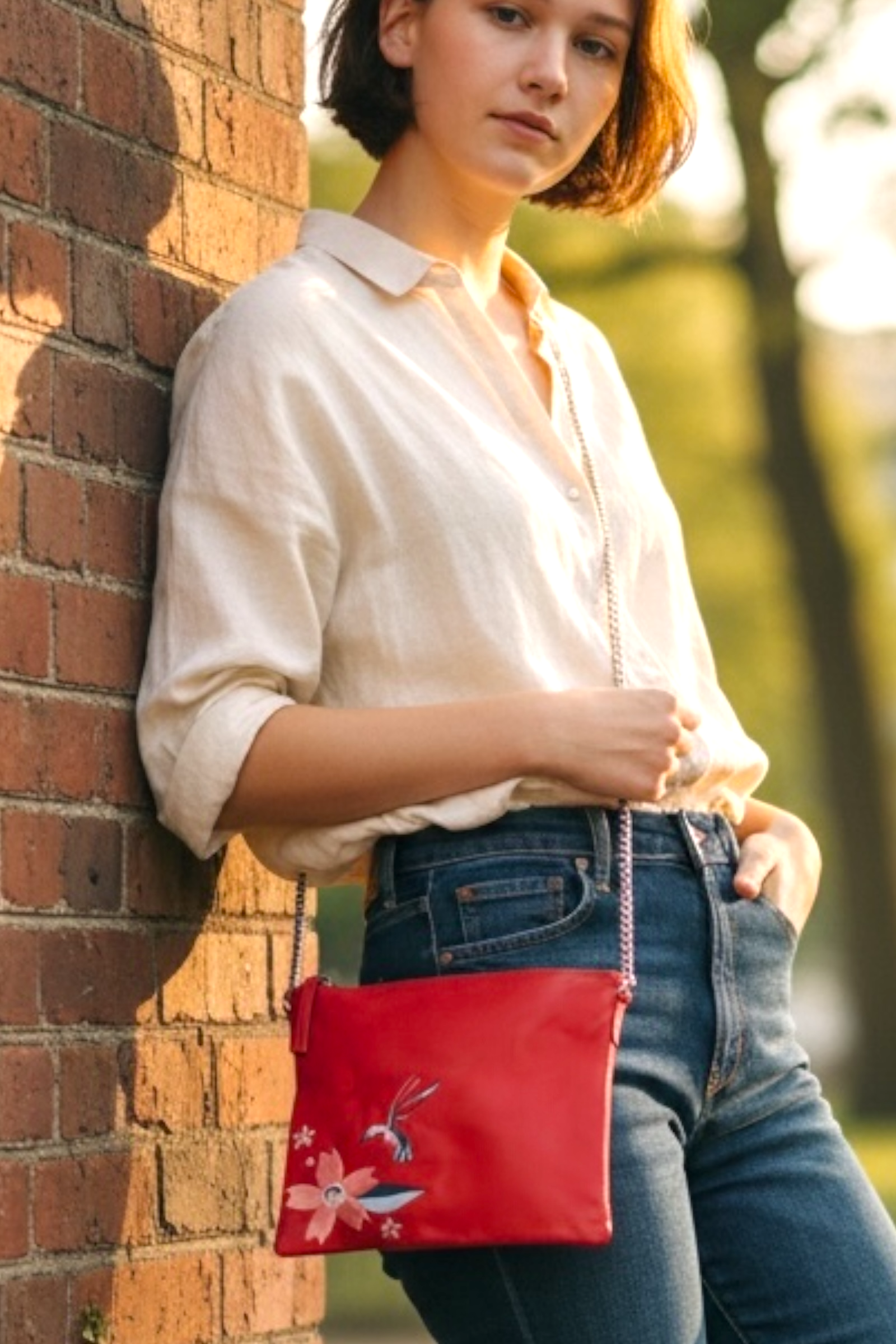 Red Leather Hummingbird Embroidered Crossbody Bag - Front