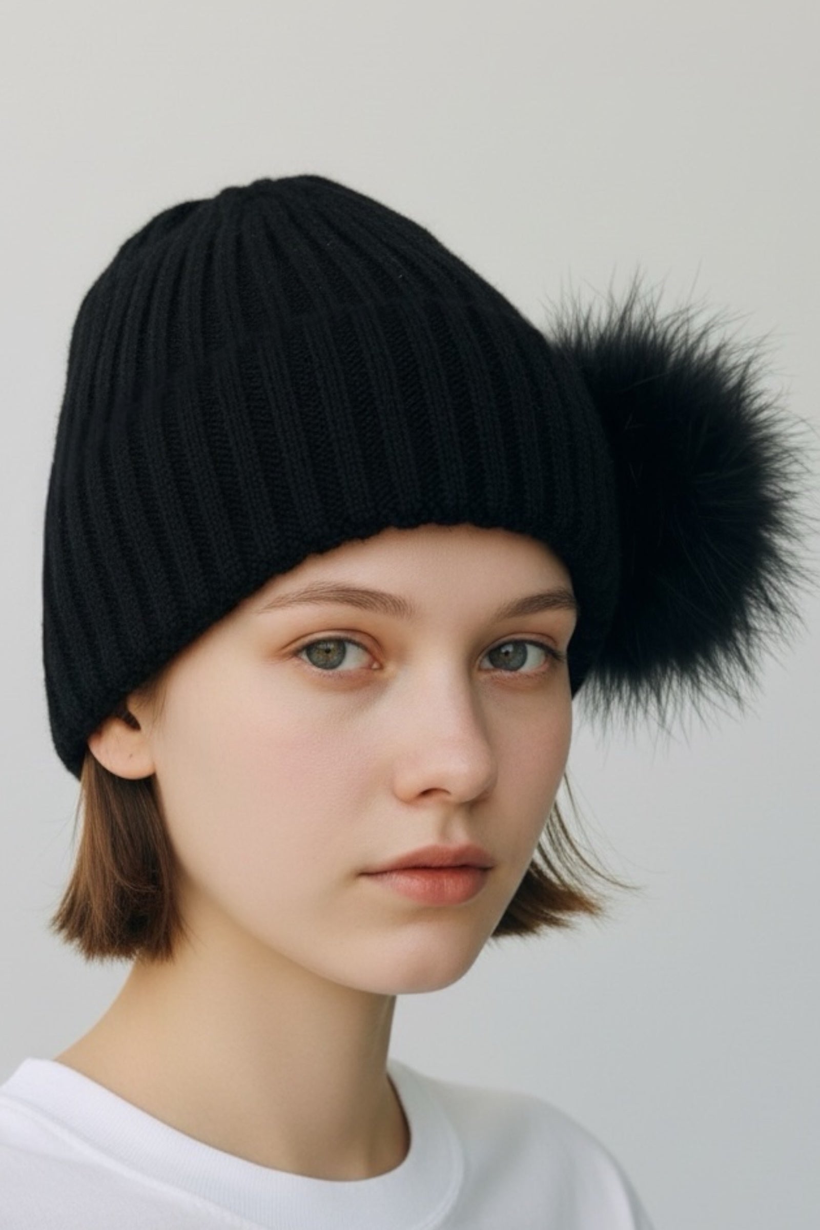 Betty Black Beanie With Feather PomPom