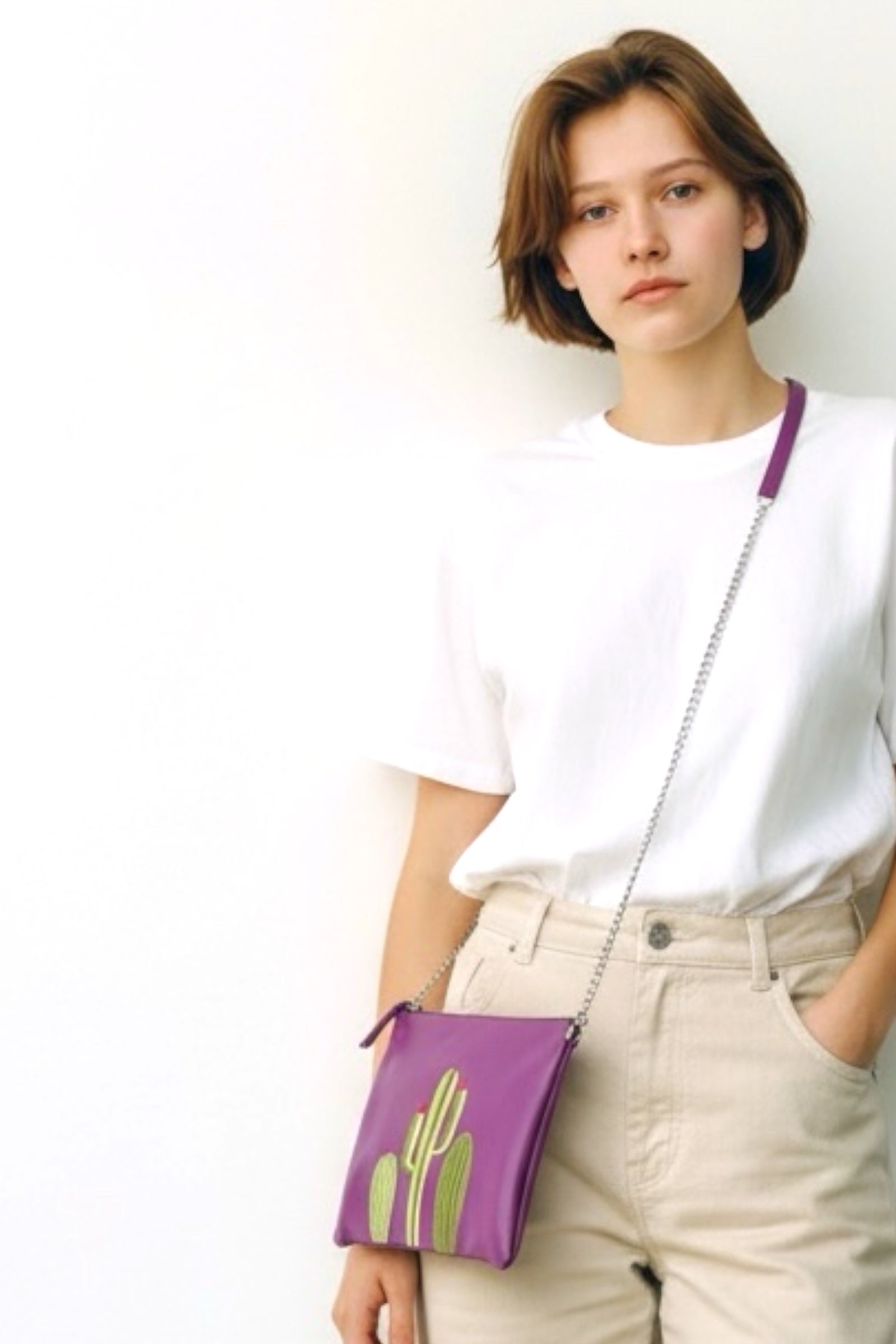 Purple Leather Cactus Embroidered Cross Body Bag - Styled