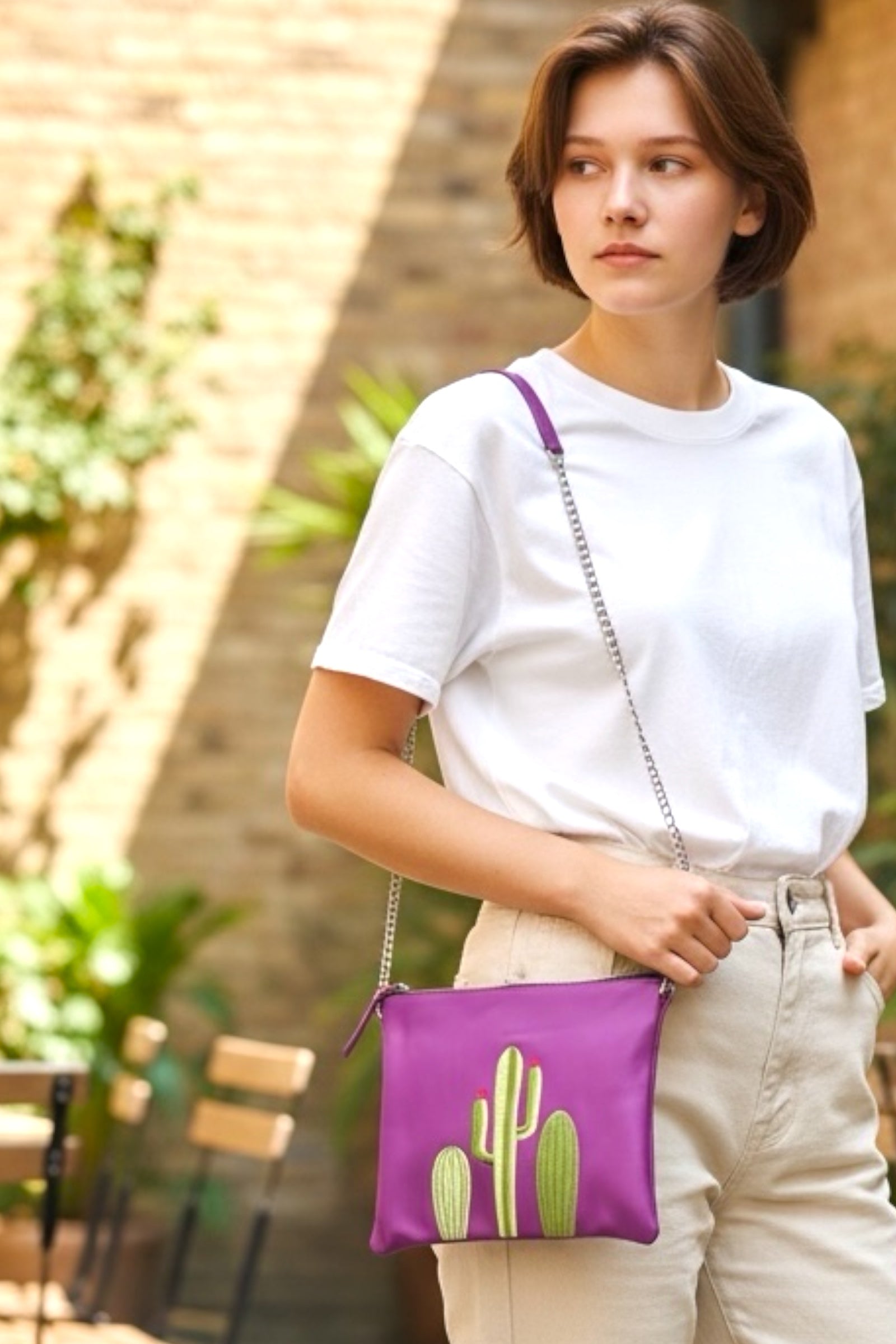 Purple Leather Cactus Embroidered Cross Body Bag