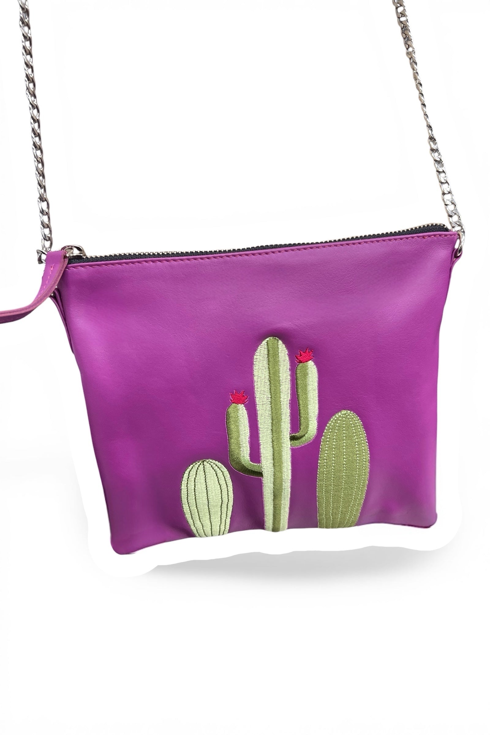 Purple Leather Cactus Embroidered Cross Body Bag