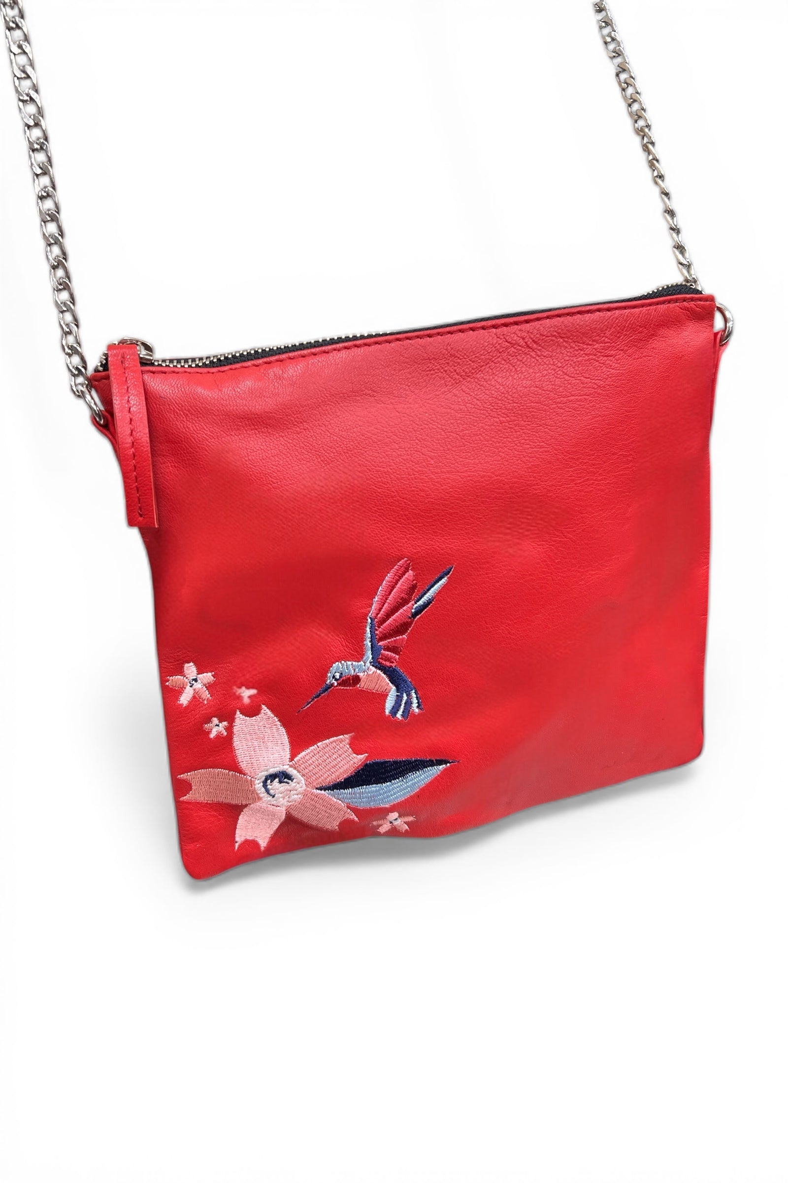 Red Leather Hummingbird Embroidered Crossbody Bag - Styled