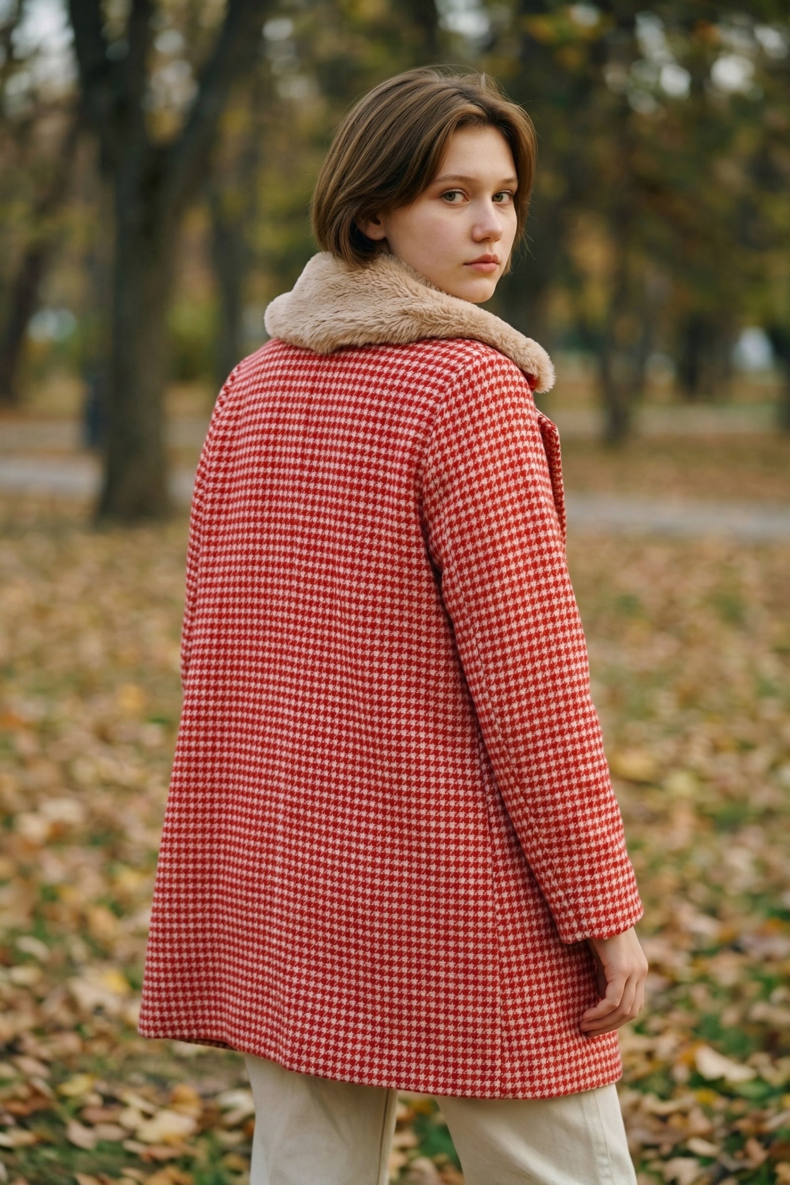 Dryden Red And White Herringbone Fur Collar Car Coat