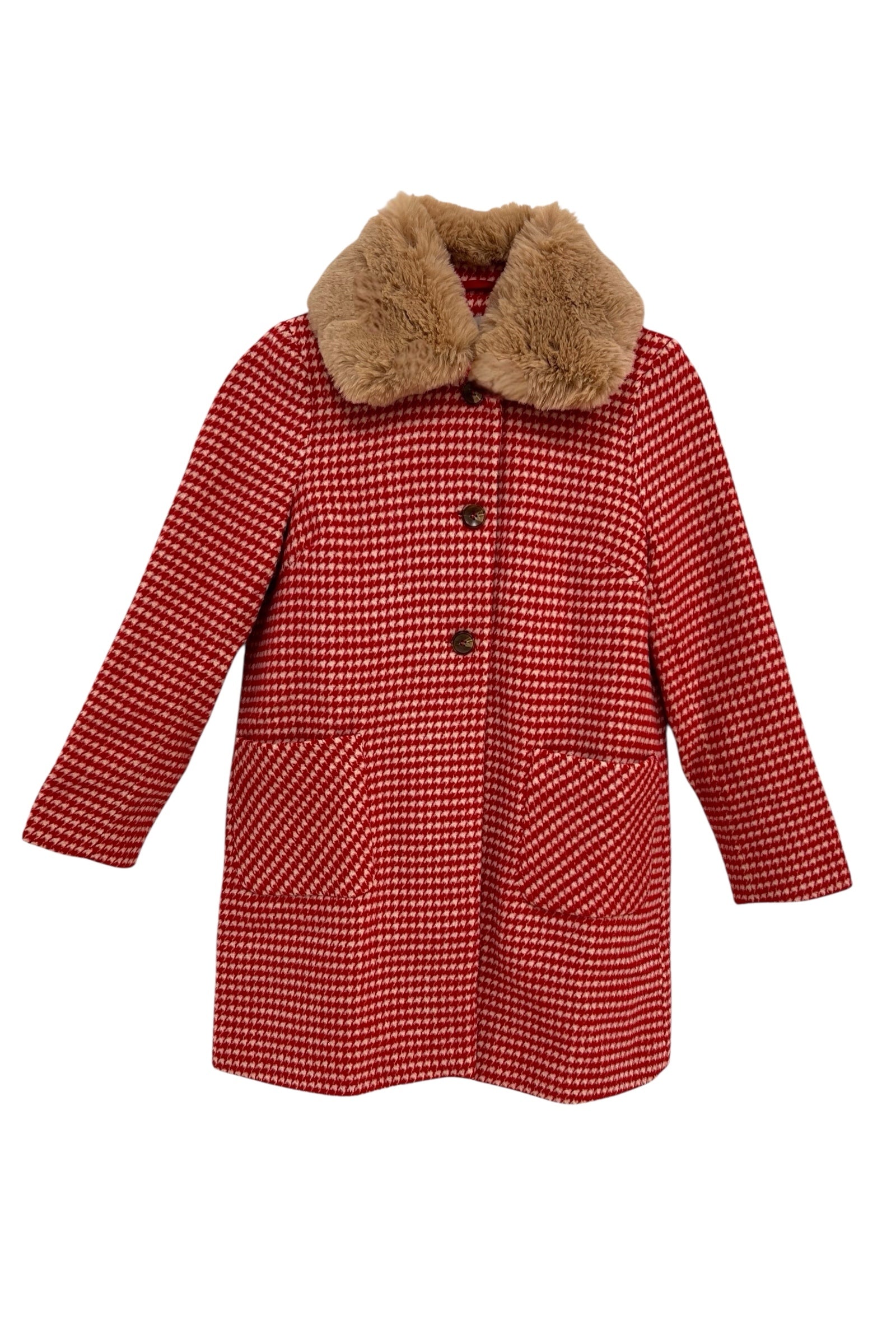 Dryden Red And White Herringbone Fur Collar Car Coat