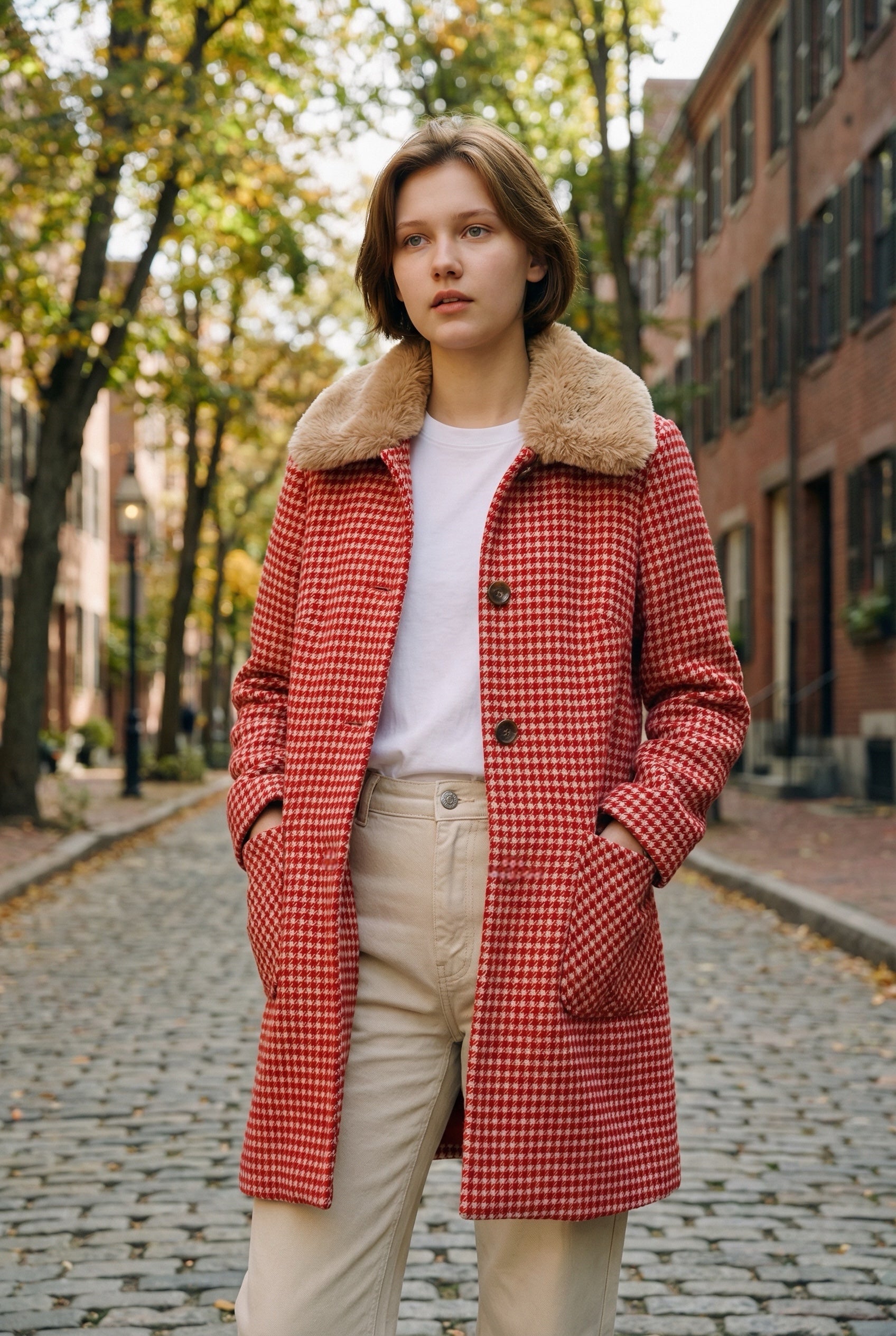 Dryden Red And White Herringbone Fur Collar Car Coat