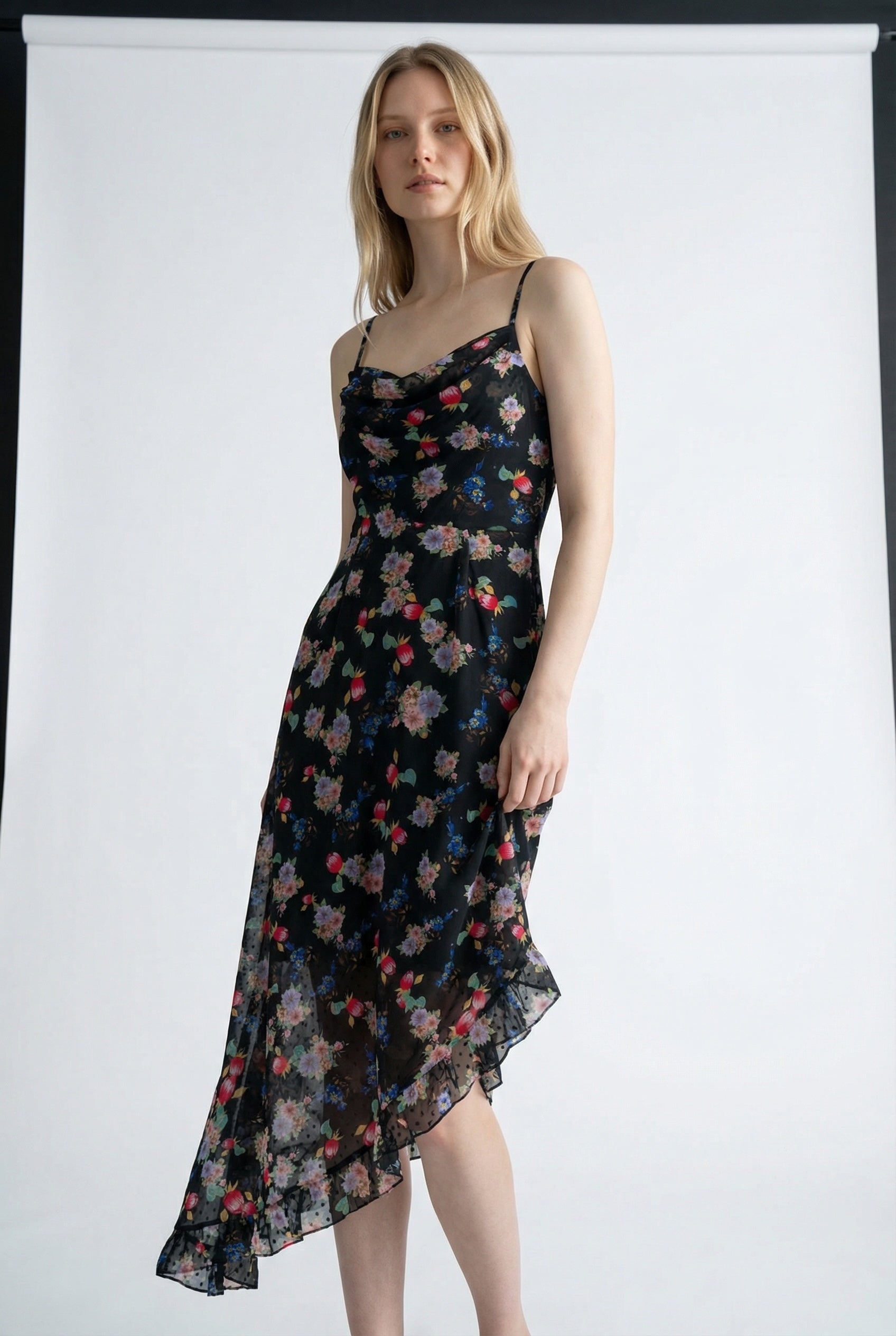 Louche Dina Carpathian Florals Print Asymmetric Strappy Midi Dress