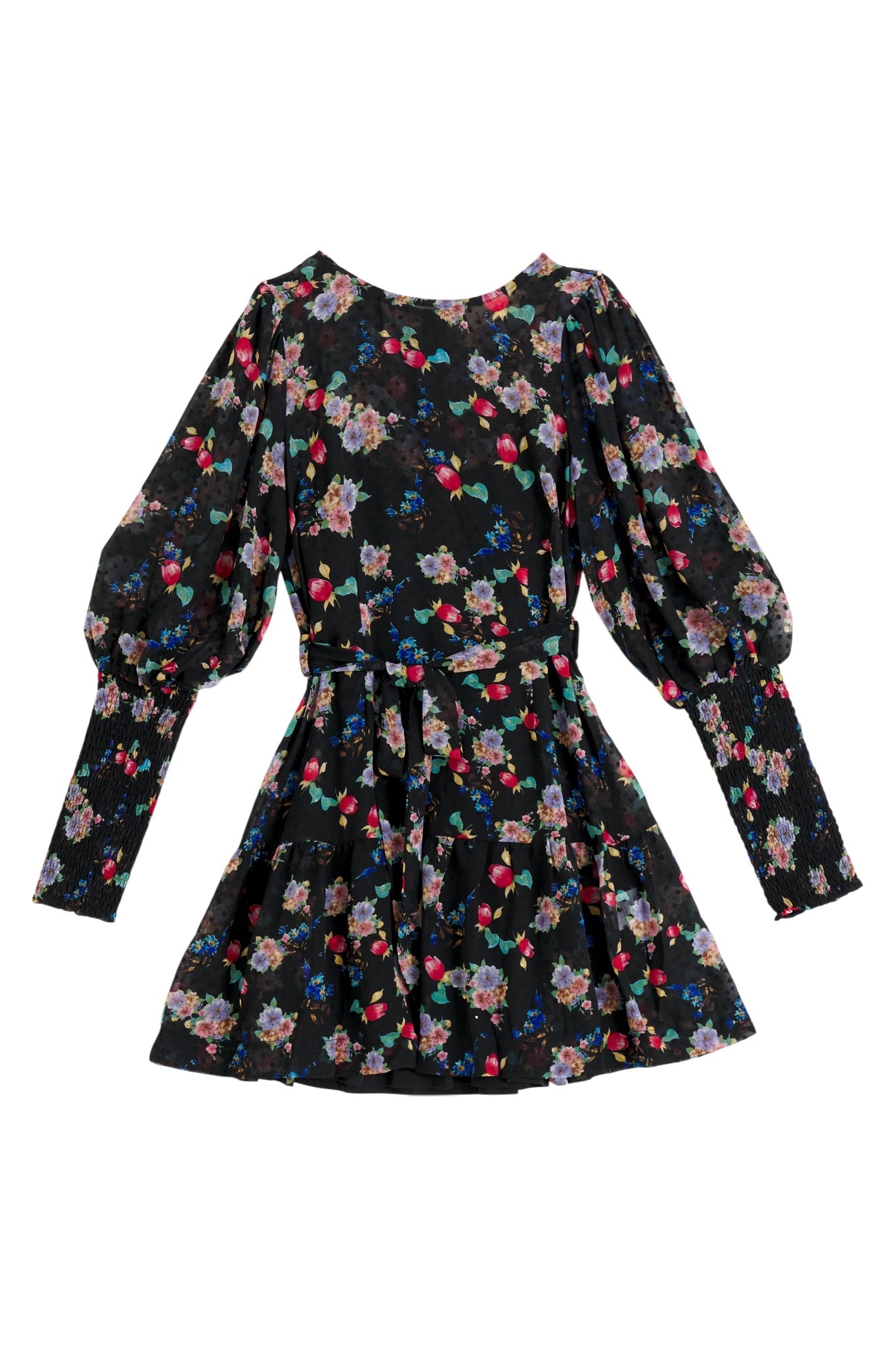 Daphne Carpathian Florals Print Shirred Cuff Tie Waist Mini Dress