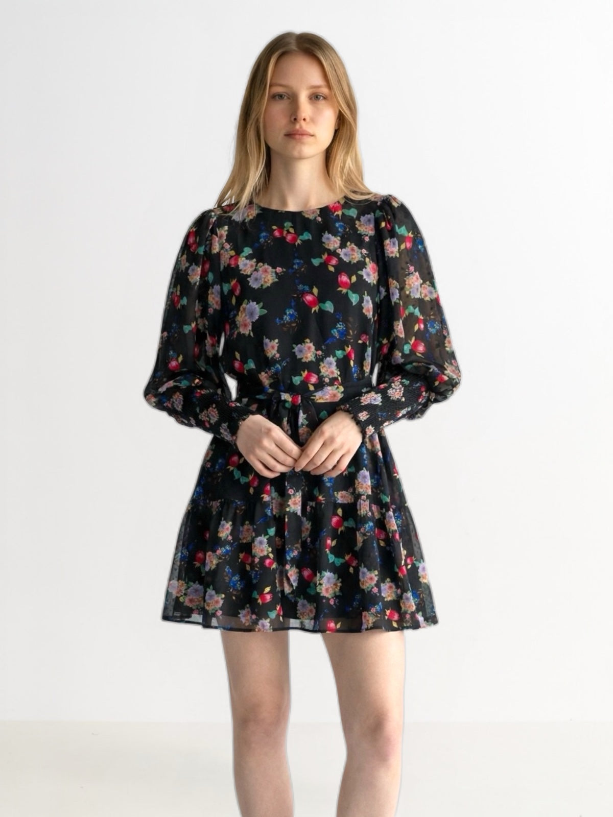 Daphne Carpathian Florals Print Shirred Cuff Tie Waist Mini Dress