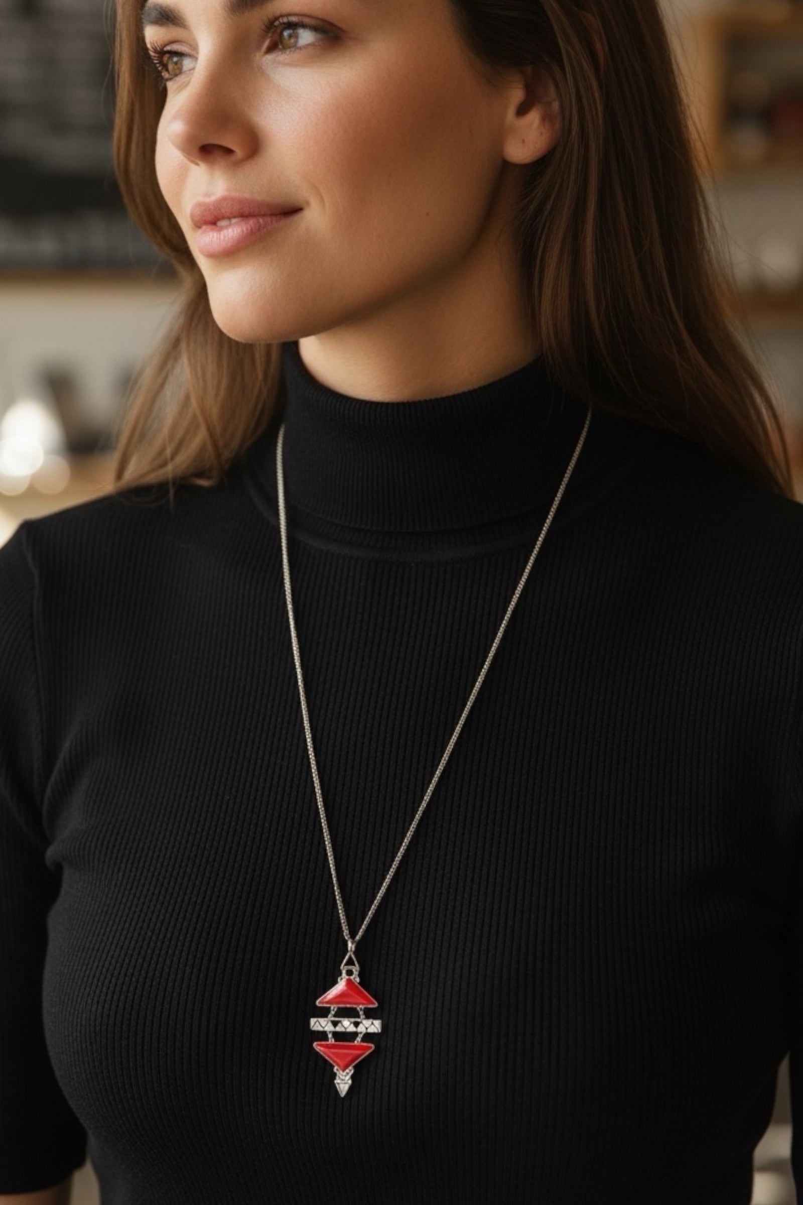 Red and Gold Triangles Pendant Necklace