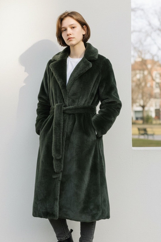 Arinette Faux Fur Tie Waist Coat -Teal