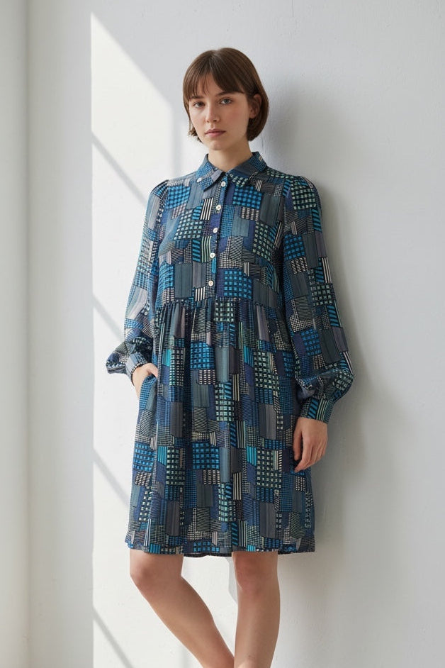 Melly Geo City Print Mini Shirt Dress - Front