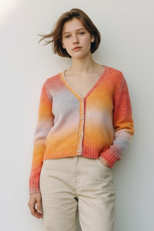 Thao V Neck Space Dyed Cardigan in Orange