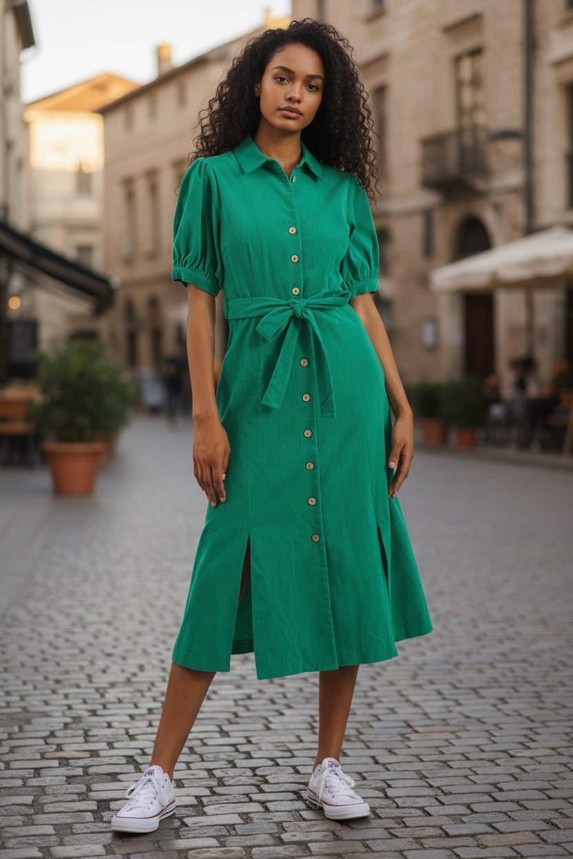 Mollie Baby Cord Puff Sleeve Midi Dress Green - Front