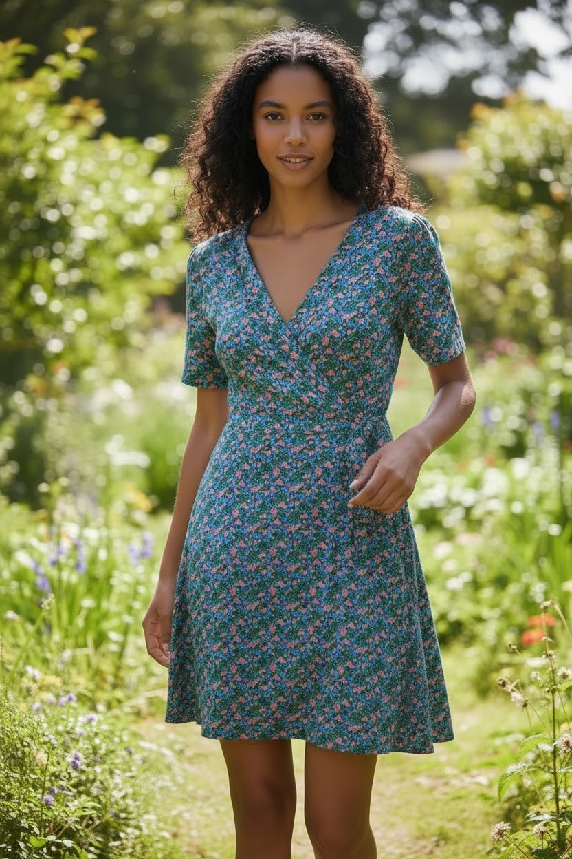 Frankie Wrap Mini Jersey Dress in Spring Bloom - Front