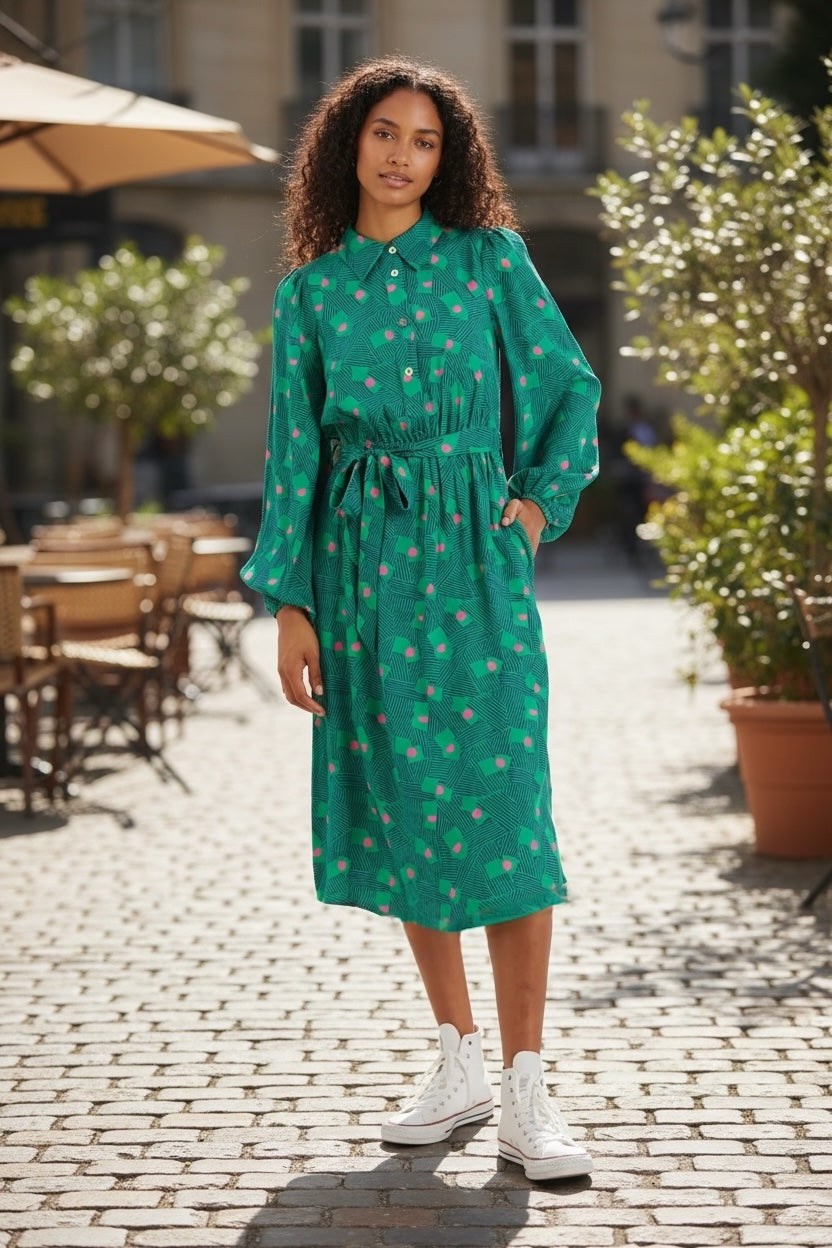 Bron Bauhaus Abstract Print Midi Shirt Dress - Front