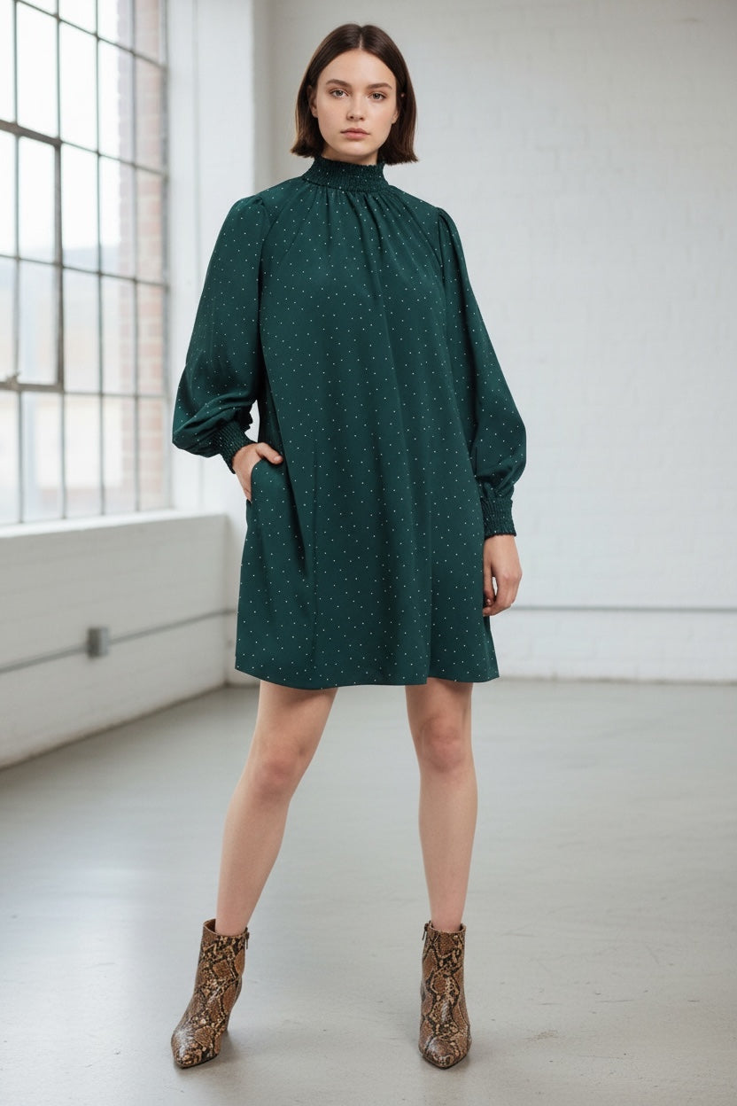 Louche Brigitta Micro Dot Throw On Smock Dress in Green - Front