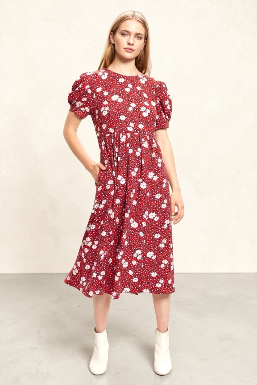 Louche Stasia Roaring Daisy Print V Back Puff Sleeve Midi Dress - Red - Front