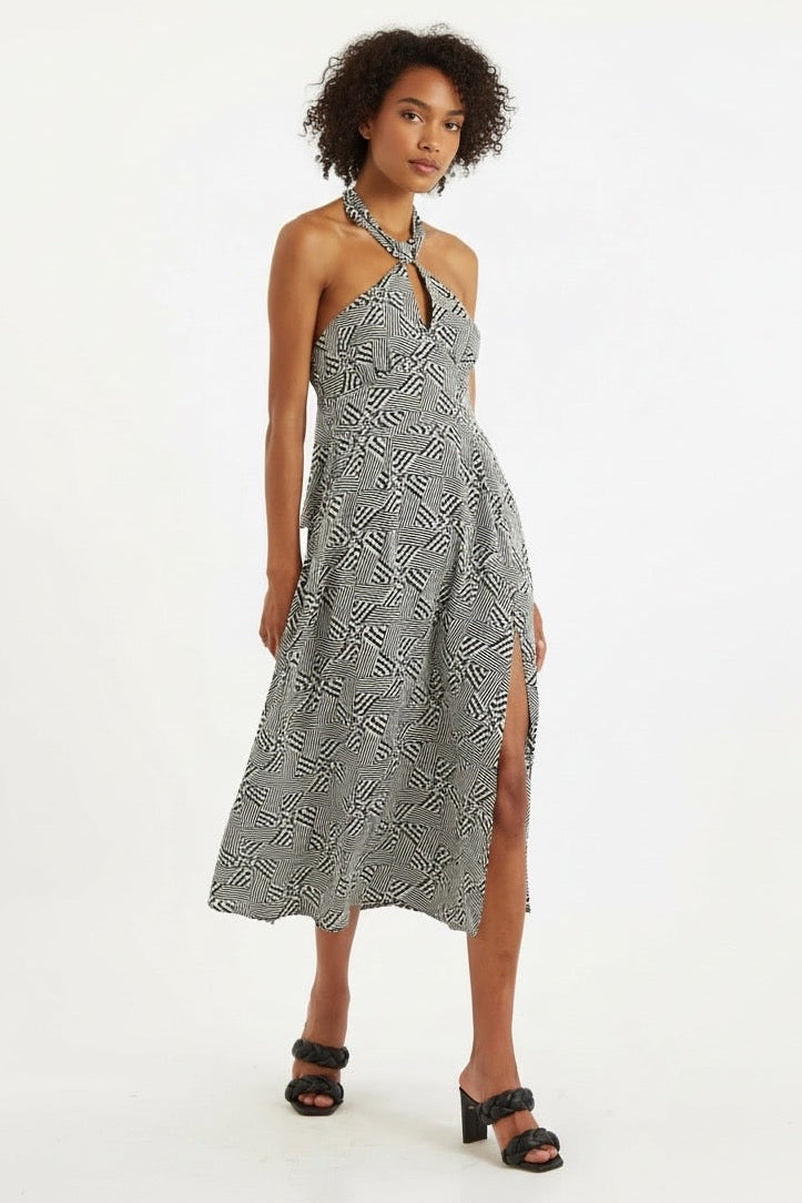 Geri 60s Patchwork Tie Neck Halter Midi Dress