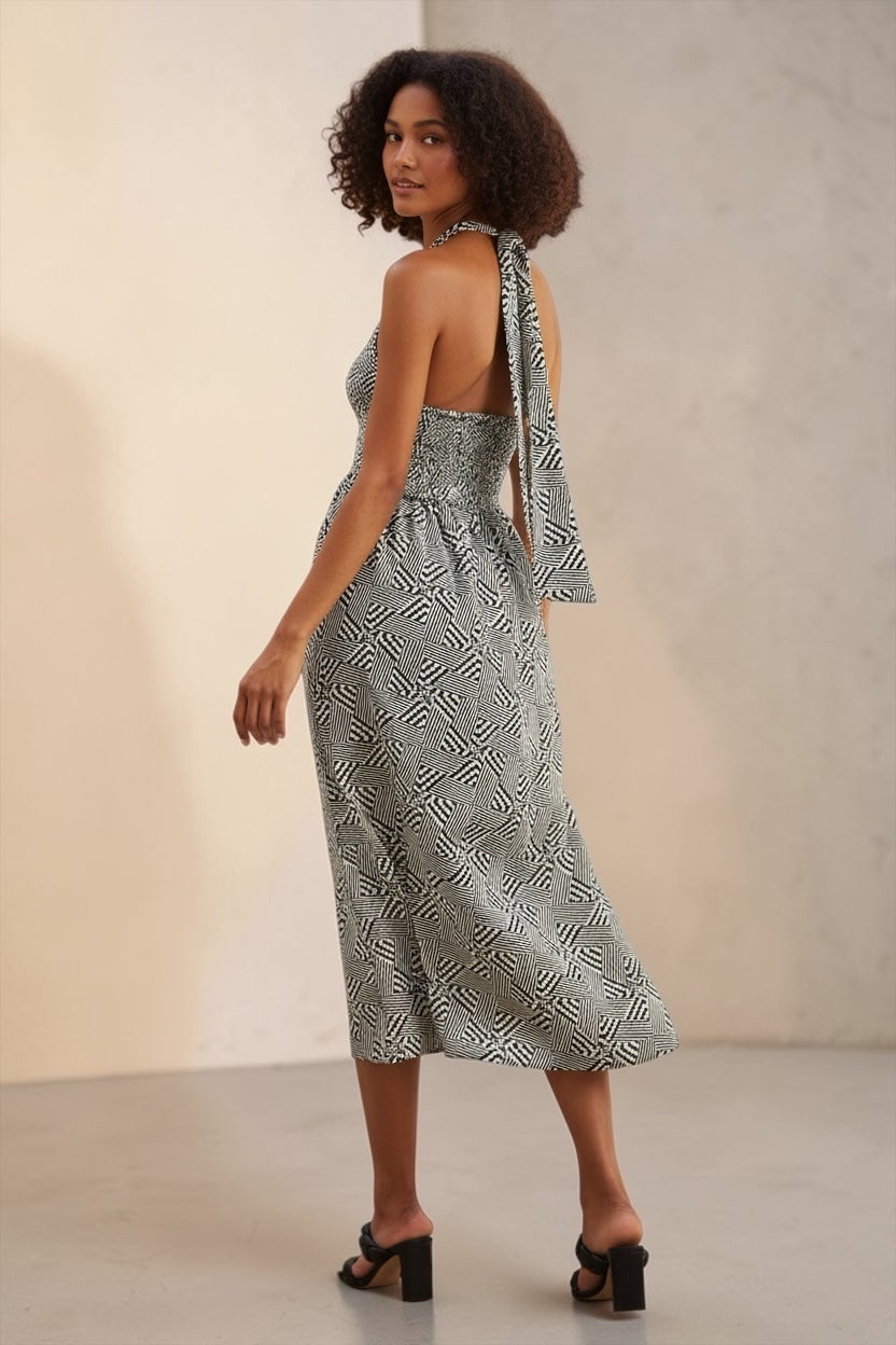 Geri 60s Patchwork Tie Neck Halter Midi Dress - Back