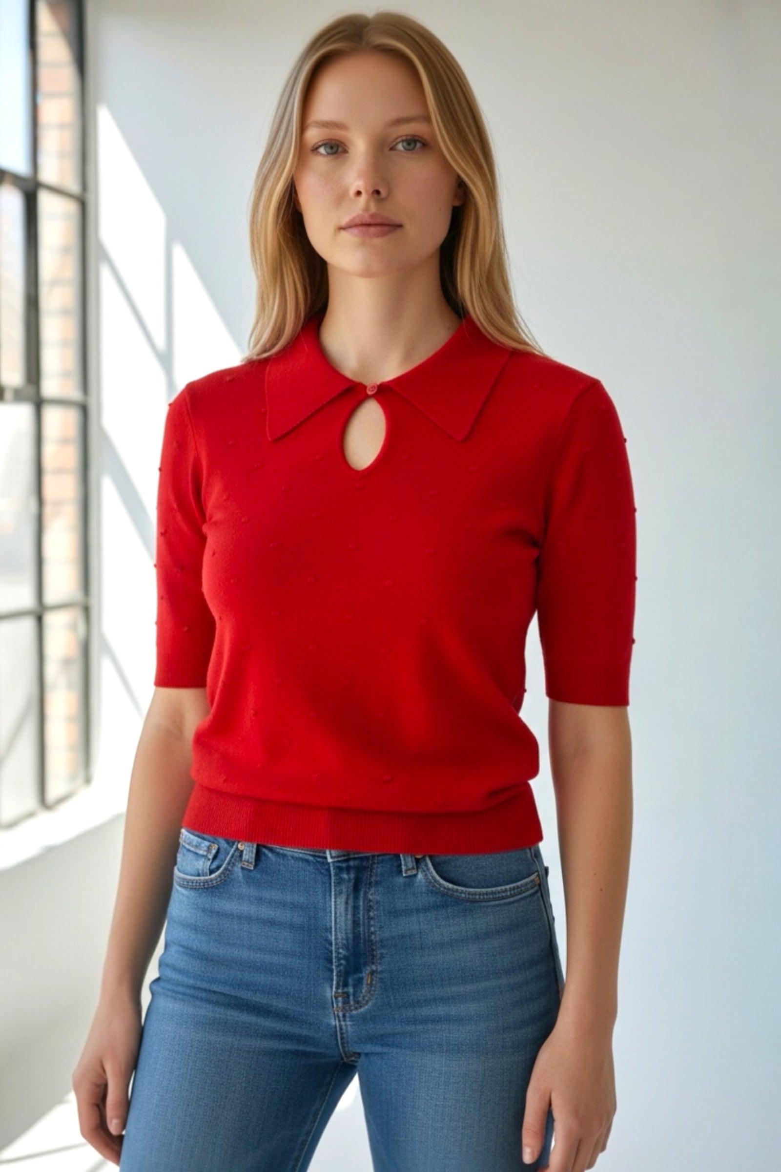 Louche Josephina Raindrops Textured Short Sleeve Collared Sweater Red