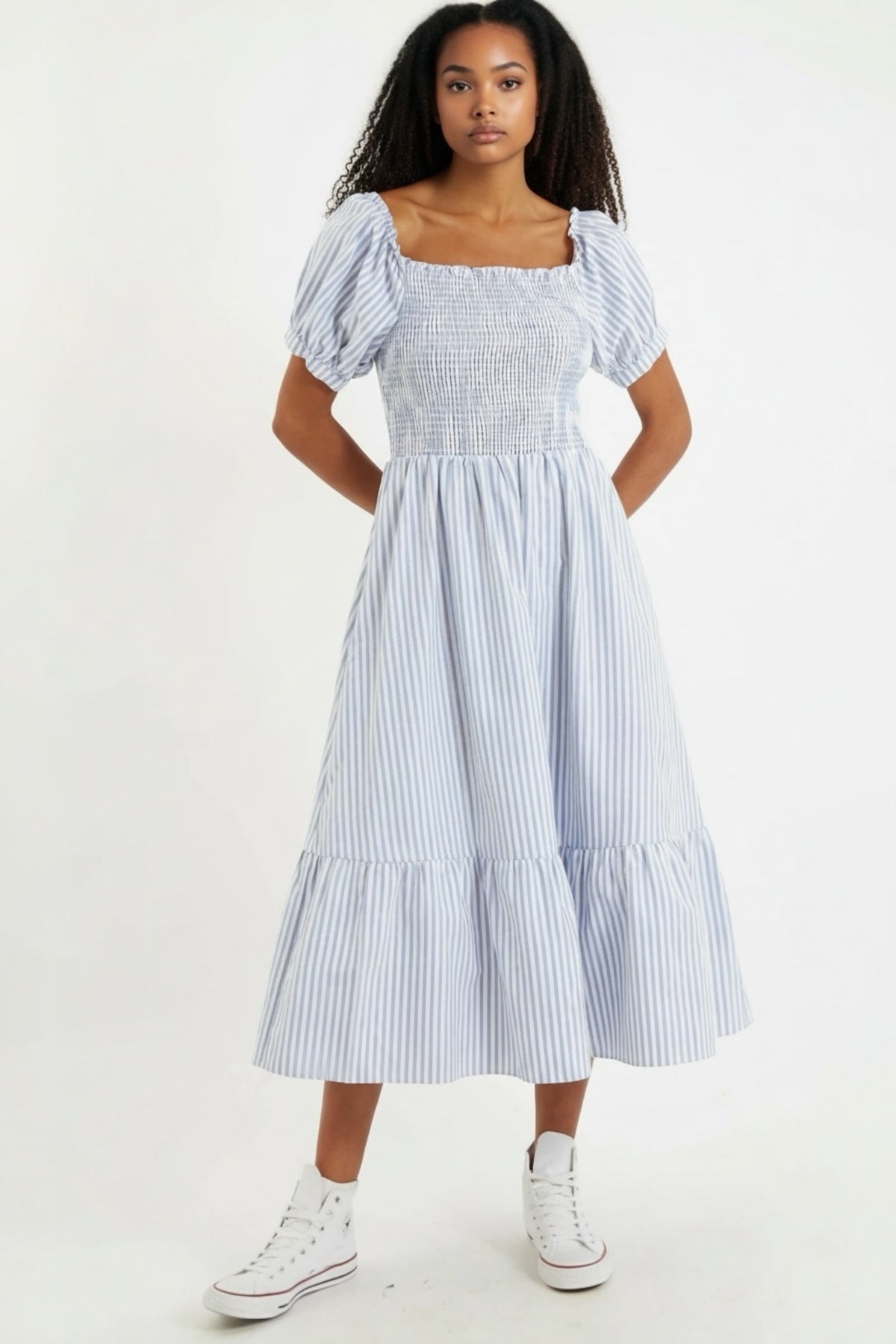 babette midi dress Babette Sail Stripe Shirred Bodice Midi Dress Blue
