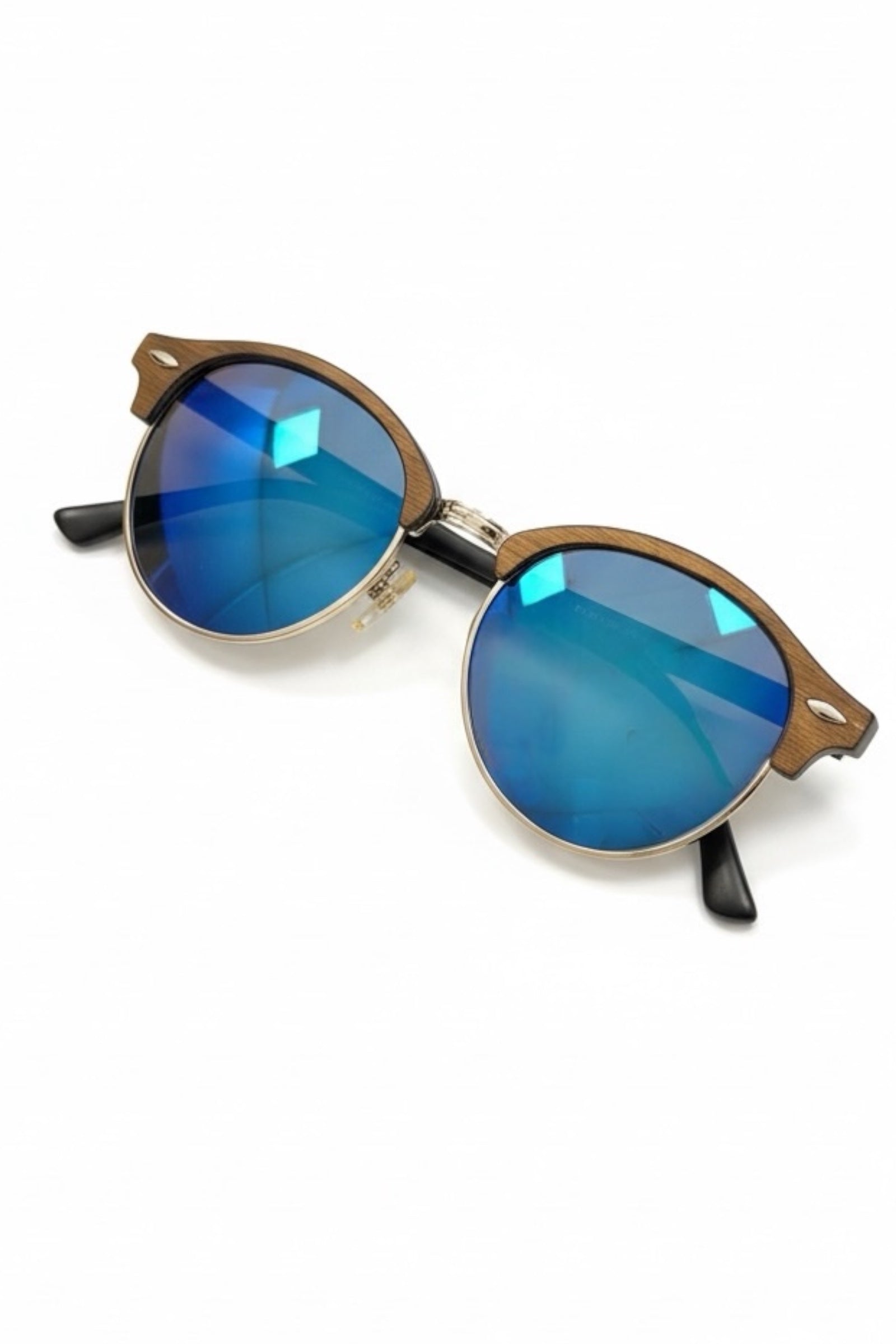 Katy Light Wood Sunglasses With Blue Mirror Lens.