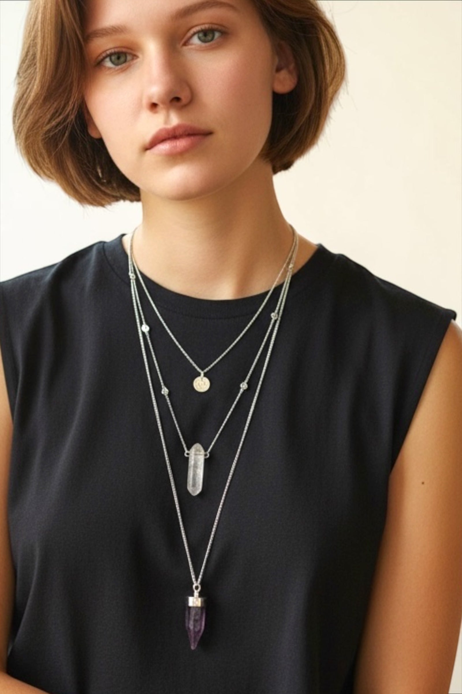 Indiana three-layer silver necklace with natural quartz pendants by Louche — front view