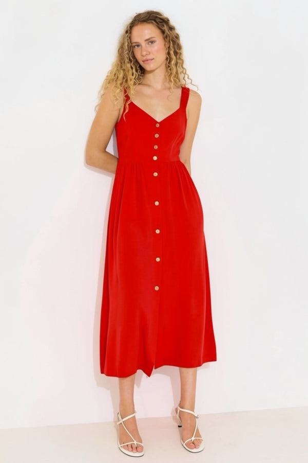 Clover Linen Mix Midi Sundress - Red