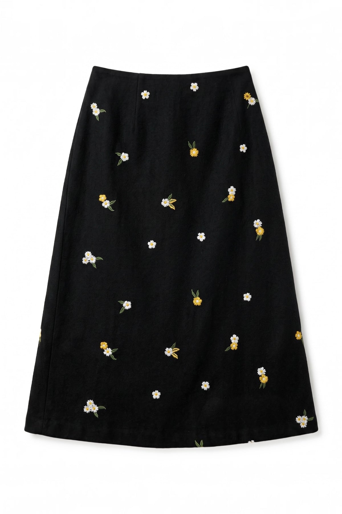 Buffy Daisy Embroidered A-Line Tweed Midi Skirt - Black